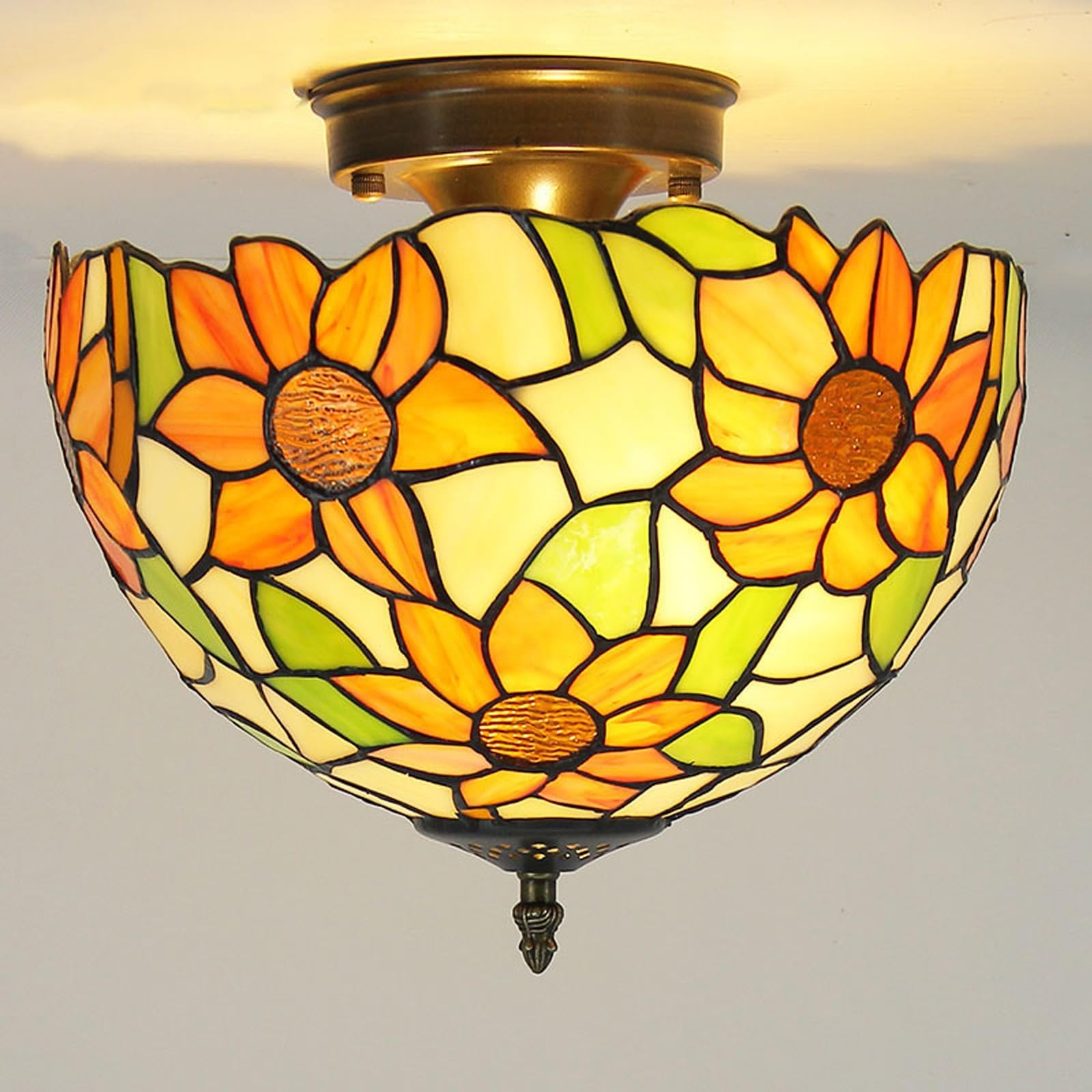 WDBZTJ Tiffany Style Ceiling Light Flush Mount, 12 inch Stained Glass Ceiling Lamp, E27 Bulb, Vintage LED Chandeliers for Living Room Bedroom(F3)