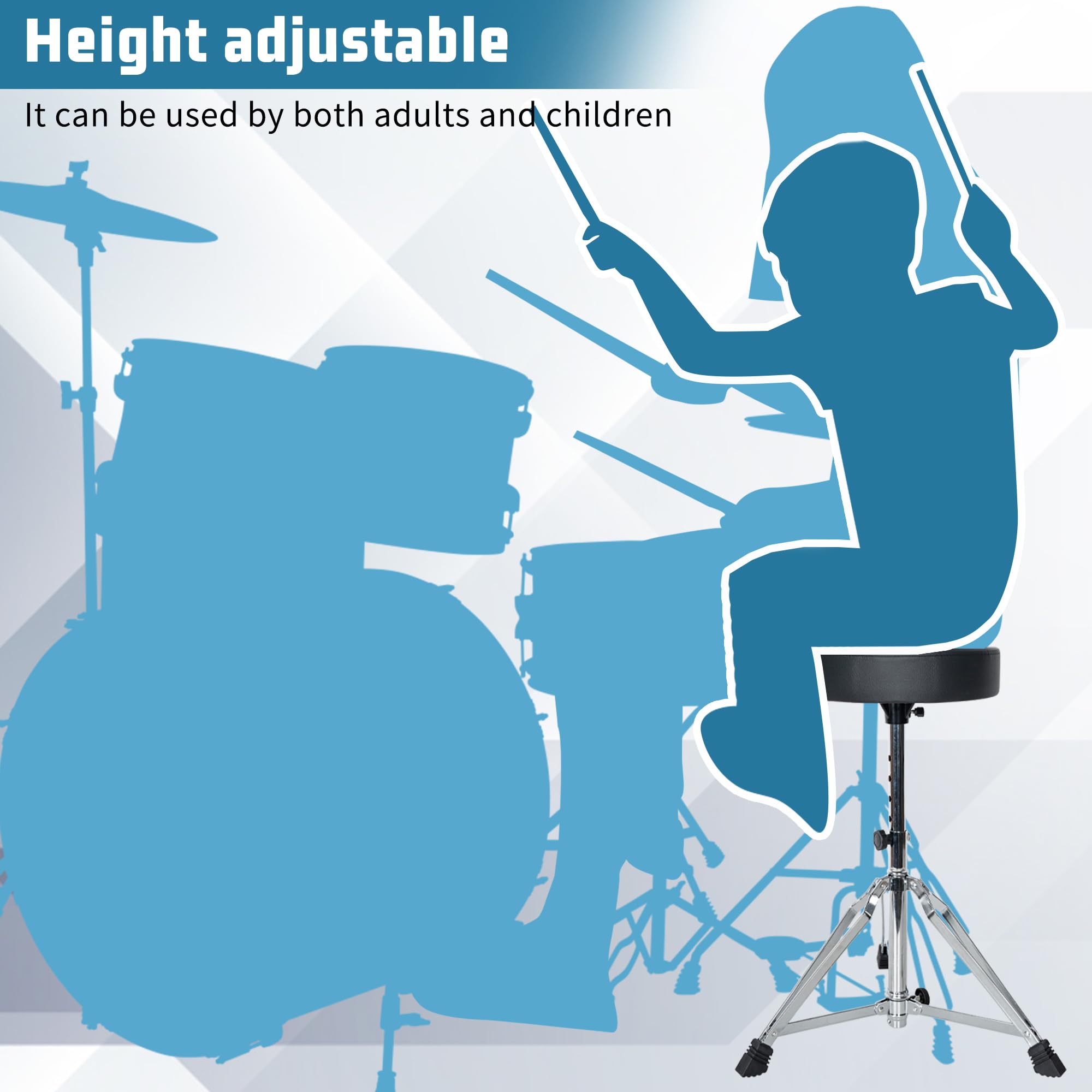 AKOZLIN Drum Throne - Taburete de tambor con asiento acolchado de 15 a 21.6 pies de altura ajustable con base de trípode resistente, patas de goma antideslizantes plegables para bateristas, percusión,