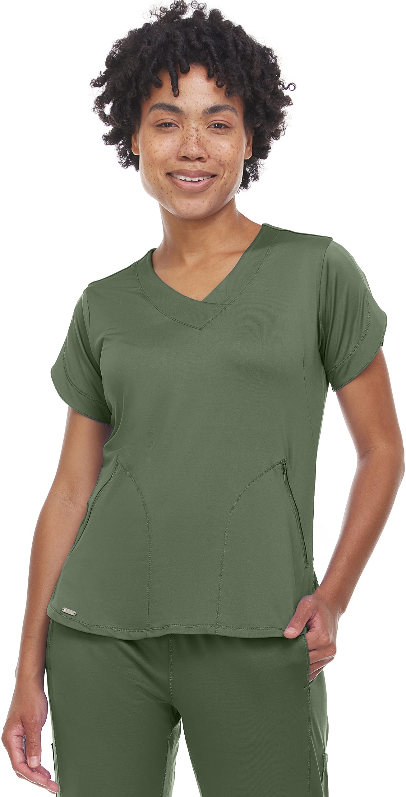 MediChic Scrubs Women's V Neck Nylon Spandex Active Scrub Top Olive