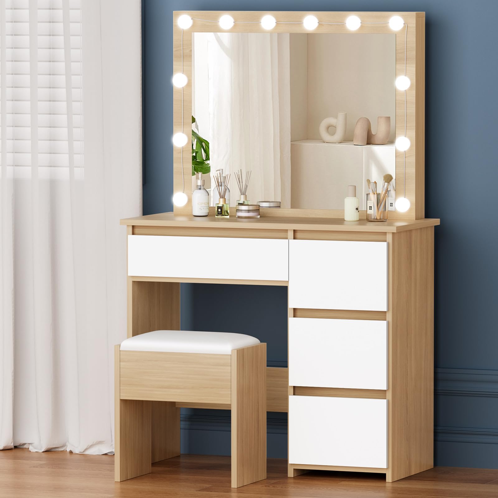 ALFORDSON Schminktisch Spiegel, Makeup Vanity 4 Schubladen und Aufbewahrungshocker, 90 cm Lange Schreibtischplatte, verstellbare LED-Leuchten, Schlafzimmer-Frisiertisch Frauen Mädchen,Holzfarbe