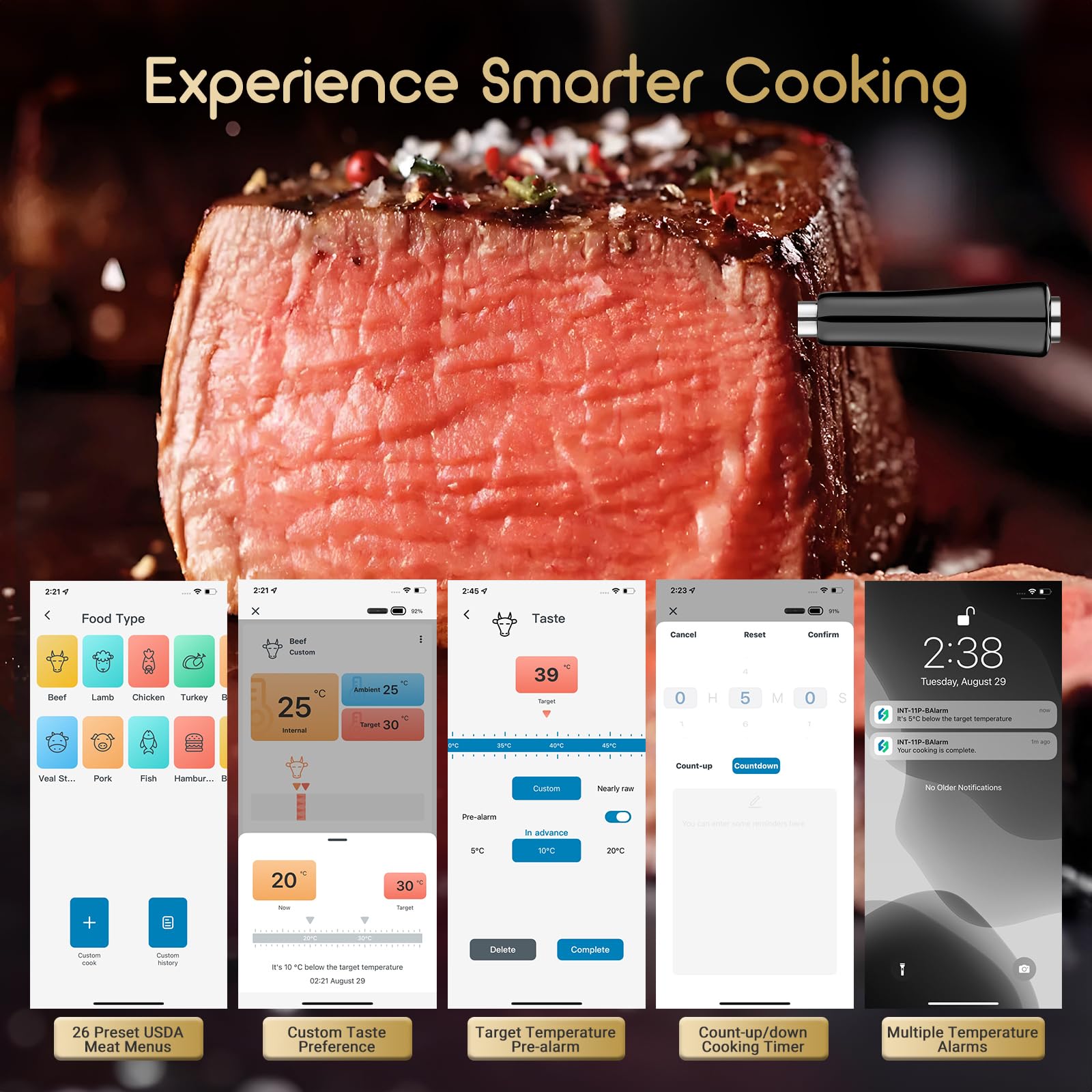 Inkbird INT-11P-B Termómetro para carne inalámbrico, termómetro para barbacoa | Control por aplicación con 91 m/300 pies, IP67, resistente al agua, termómetro para asar, para horno, barbacoa, ahumador