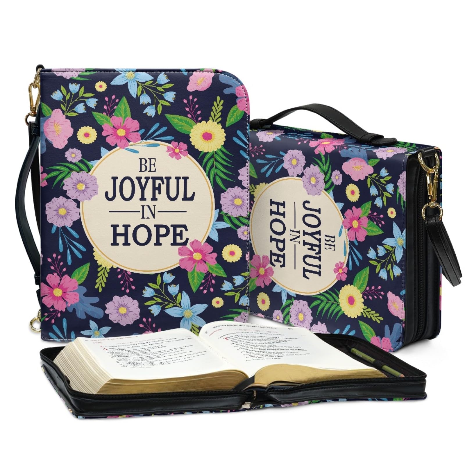 Housse De Bible En Cuir PU Zippée, Bénie Soit-elle, Bleu Clair Et