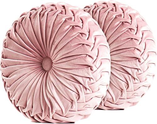 Miniatura 15 de Almohada redonda de terciopelo de 15 x 15 pulgadas, plisada, redonda, rellena de calabaza, para el hogar, para sofá, silla, cama, suelo de Verde