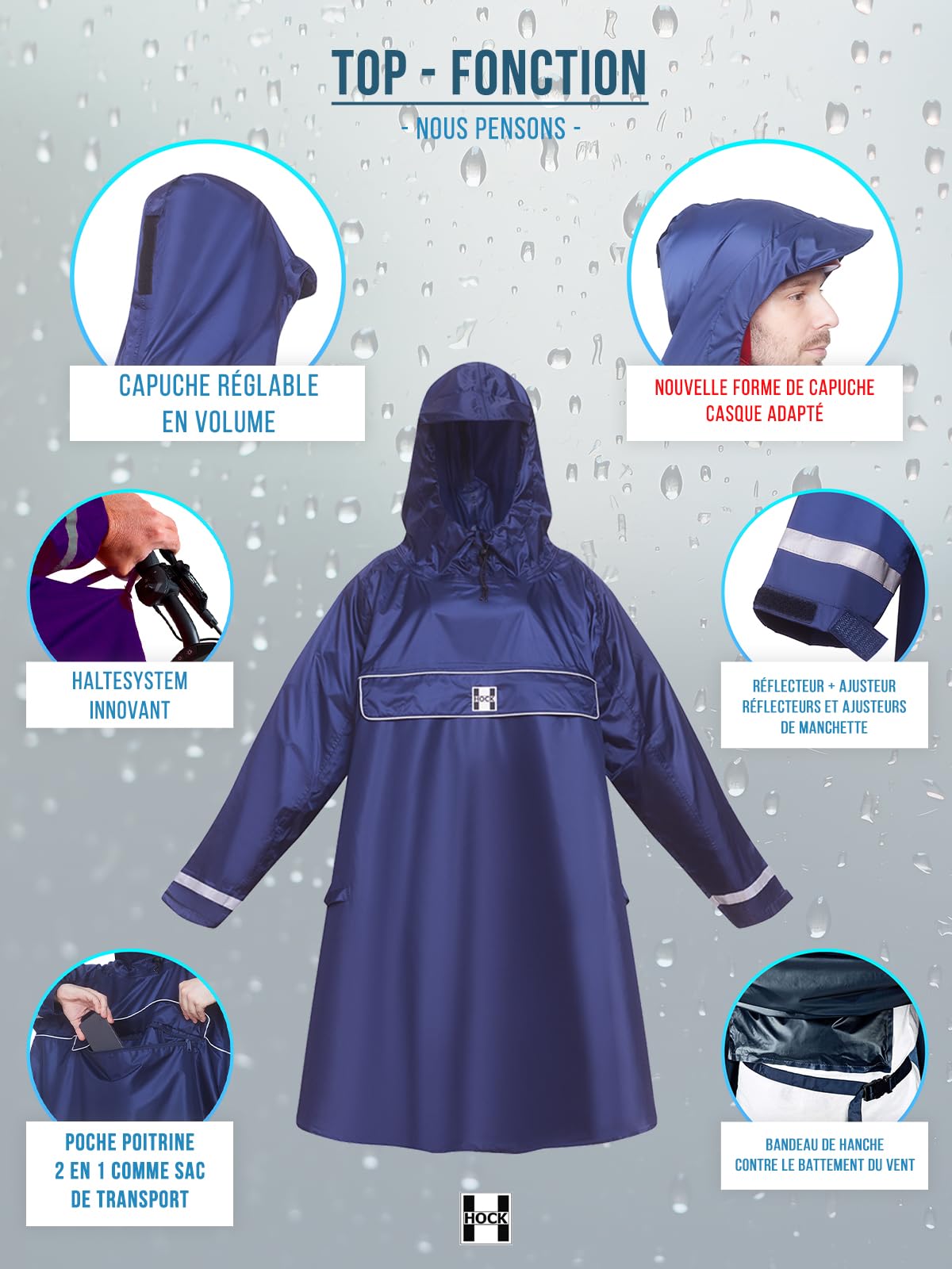HOCK Premium Poncho E-Bike – Poncho de pluie avec manches pour vélo et E-Bike (FR/ES, Alpha/lettres, TTG, Taille normale, Taille normale, Jaune)