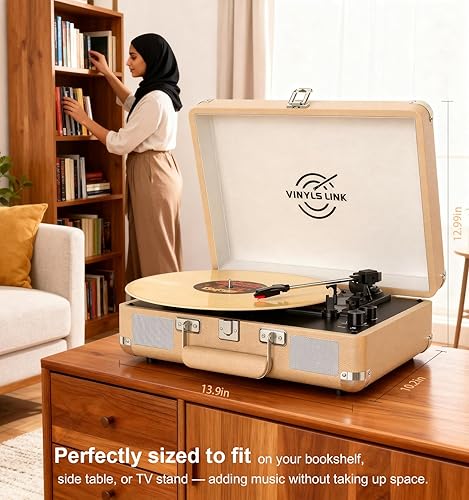 Miniatura 5 de VINYLSLINK - Tocadiscos de vinilo Bluetooth con ajuste de agudos y graves, maleta giratoria portátil vintage con altavoces integrados, transmisión