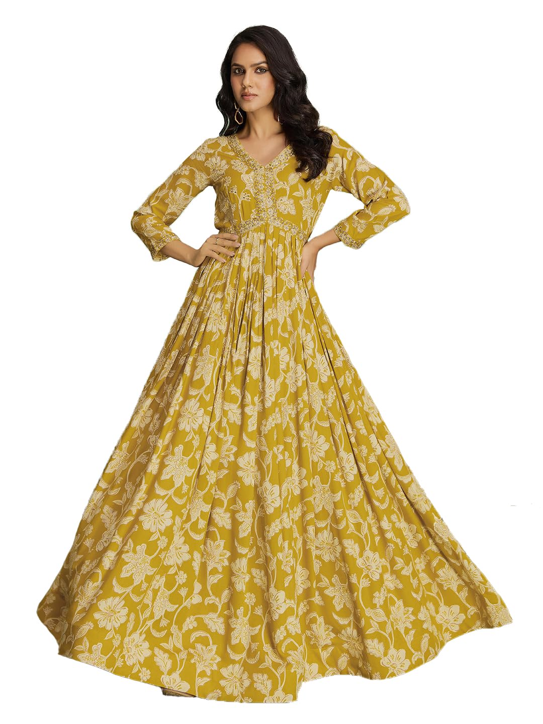 madhuram textiles Women's vetican Print with Hand Embroidery Work Anarkali Aliya Cut Long Gown(M-2548)