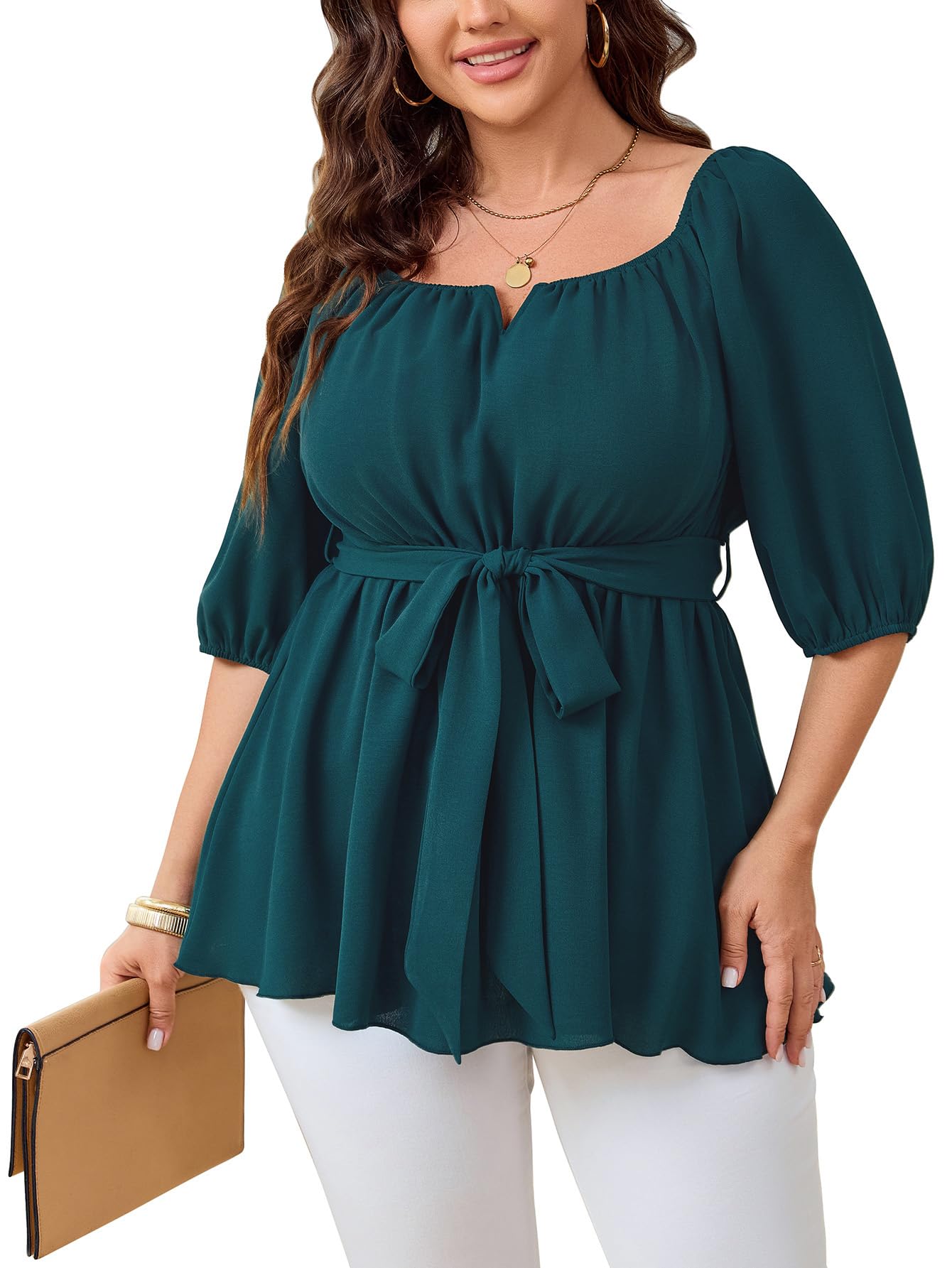 SHESTARR Women's Plus Size Square Neck Peplum Blouses Dressy Tops 3/4 Puff Sleeve Empire Waist Tie Ruffle Hem Babydoll Top