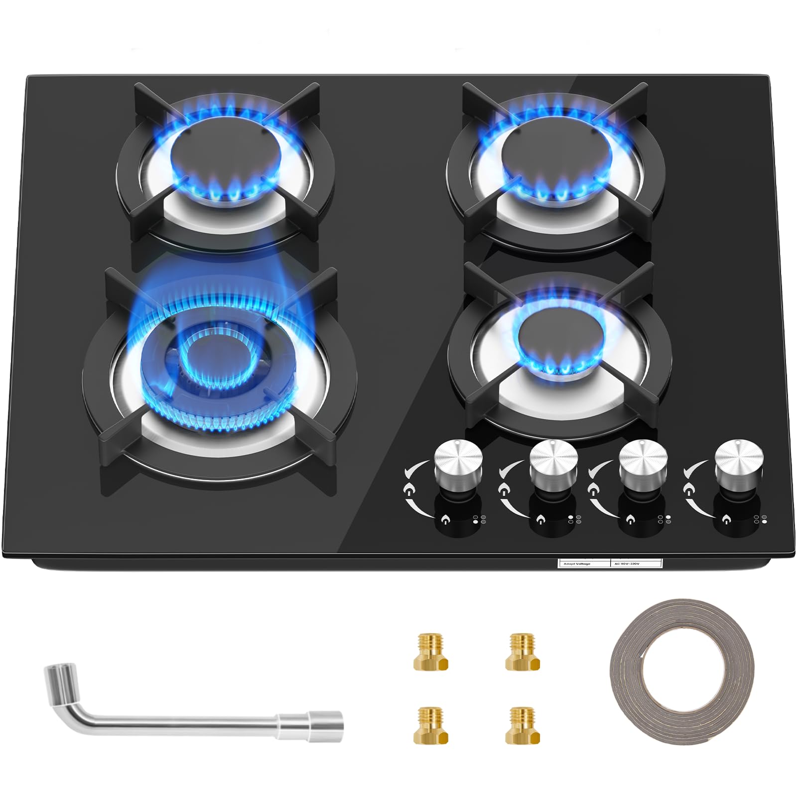 Gas Hob 2 burners, Built in Black Glass Gas Hob with Flame Out Protection,with Cast Iron Supports,NG/LPG Convertible — view 9