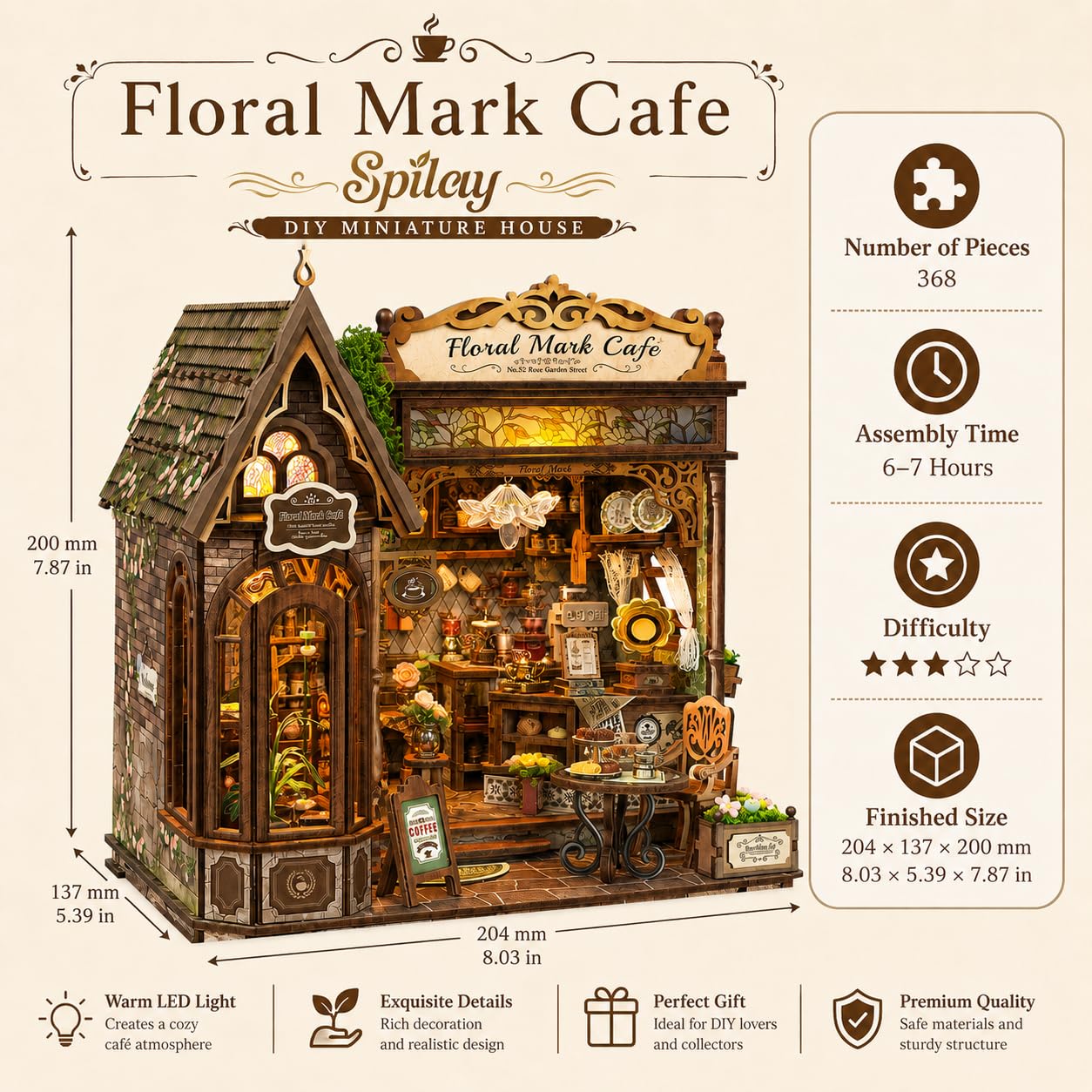 Spilay Miniatur Haus, Vintage Blumencafé Puppenhaus Holz | DIY Miniature House mit LED-Licht, 3D Puzzle für Erwachsene, Miniatur Bausatz, Regal Deko Geschenk