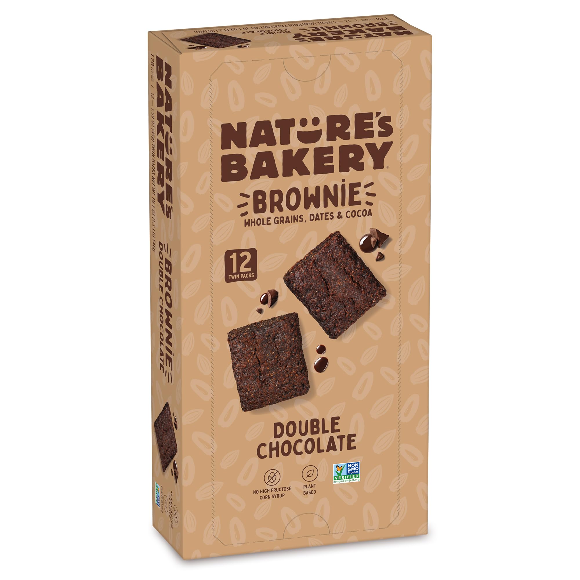 Nature’s Bakery Double Chocolate Brownie Bars, Whole Grains, Dates, and Cocoa, Plant Based, Dairy-Free, Snack Bar, 1 box with 12 twin packs (12 twin packs)