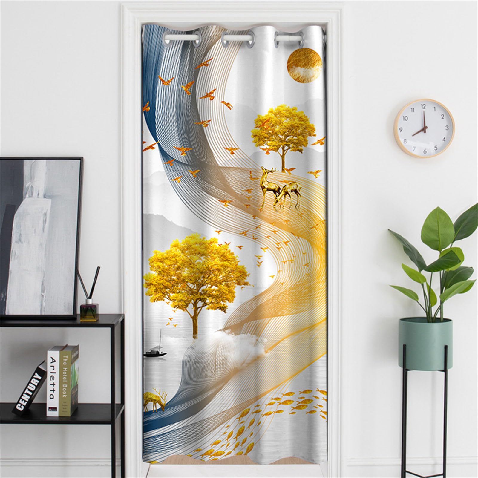 Odot Rideau de Porte Interieur Occultant, Motif Arbre Doré Rideaux de Porte à Oeillets Rideau Isolation Thermique Anti Froid Anti Bruit pour Chambre Fenetre Maison (200x180cm,Lever du Soleil)