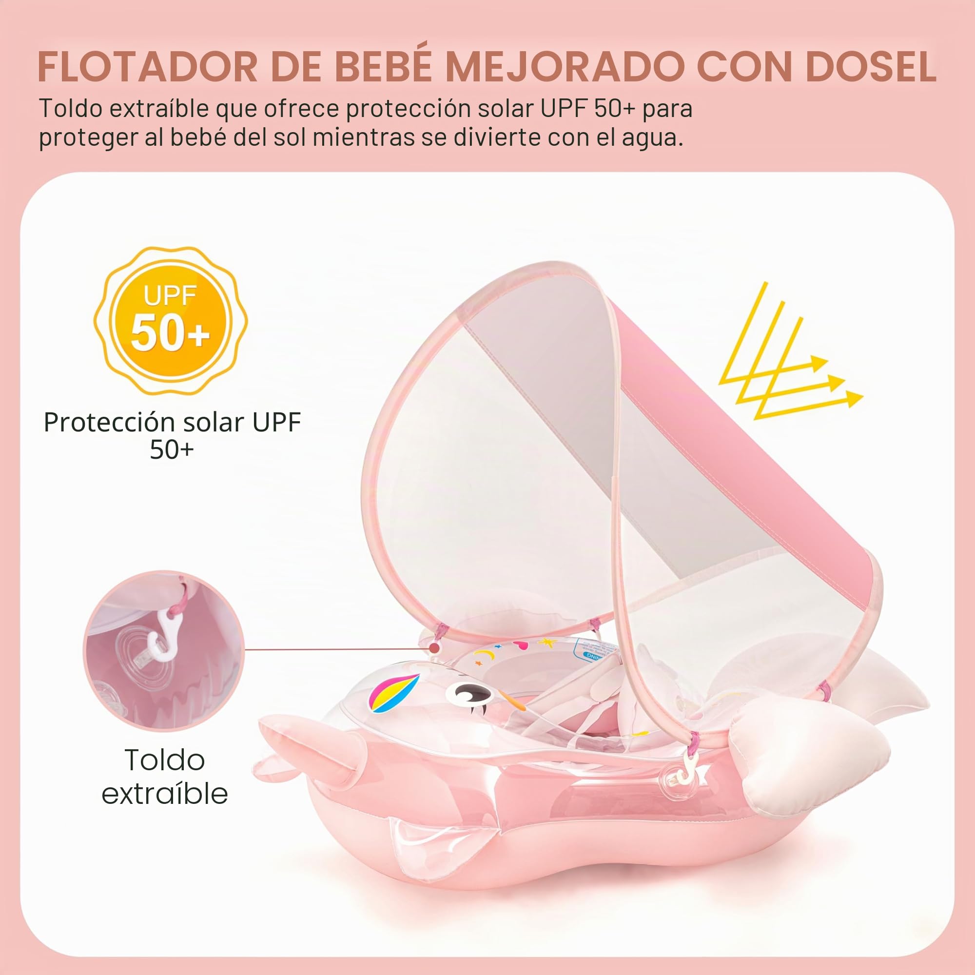Flotador inflable de unicornio para bebé con toldo de 3-6-12 meses, flotador de piscina para bebé, anillo de flotador, asiento inflable para bebé con toldo de sombra para 6-12-18-36 meses, rosa