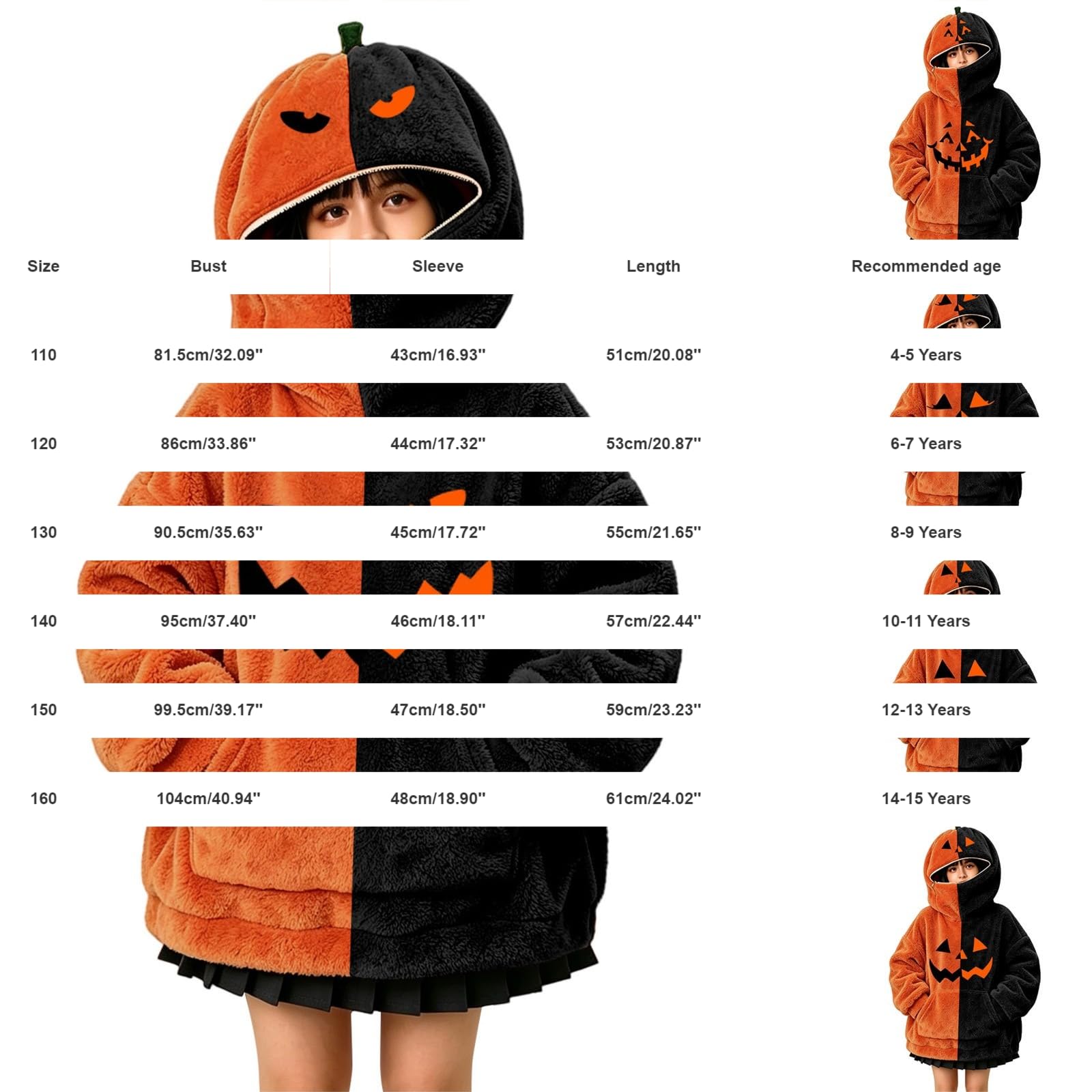 Felpa con cappuccio da ragazza con zucca, colore sfocato | Felpe con cappuccio a due tonalità con viso di zucca per feste di Halloween, per autunno inverno, scuola, vacanze