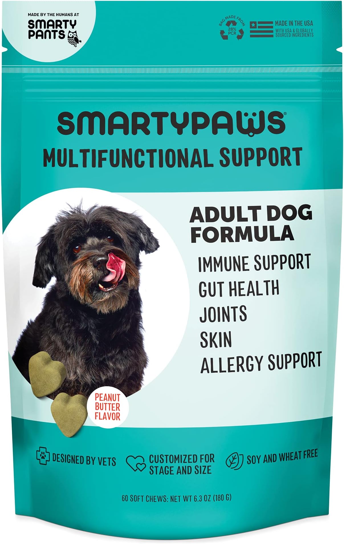 SmartyPaws Dog Vitamin and Supplement: Glucosamine, Probiotics for Gut Health & Immune Support Omega 3 Fish Oil, Chondroitin, MSM for Hip & Joint Support, Organic Turmeric, Chewable (60 Count)