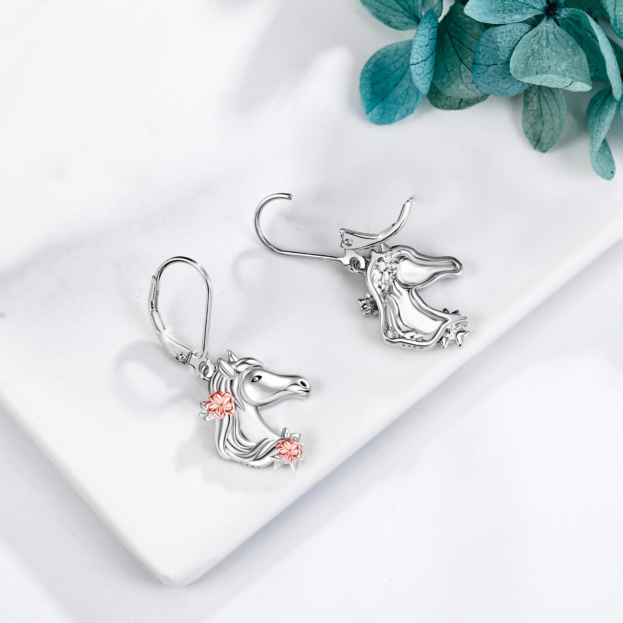 Pferde-Ohrringe Sterlingsilber Pferdekopf-Blume Baumelnde Ohrringe Pferdetier-Schmuck Geschenke für Frauen und Mädchen
