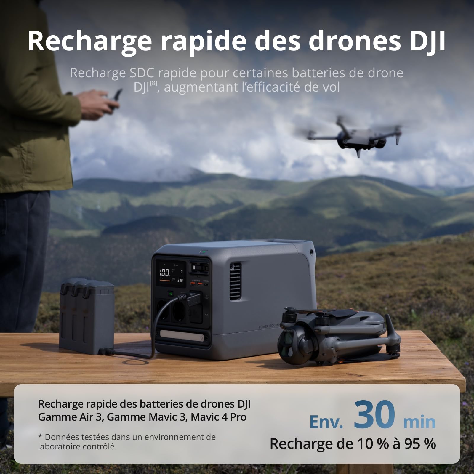 Station électrique portable DJI Power 1000 Mini, batterie LFP de 1 008 Wh, format compact, sortie maximale de 1 000 W, alimentation automobile, câble SDC vers allume-cigare (12 V), camping, road trips