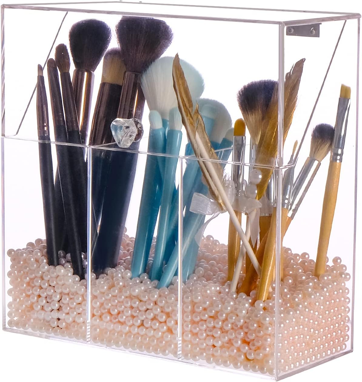 weddingwish Makeup Brush Holder with Decorative Pink Pearls, 3-Slot Personal Organizer with Closable Protective Lid, Heavy-Duty Acrylic, Bathroom Cosmetics Storage System……