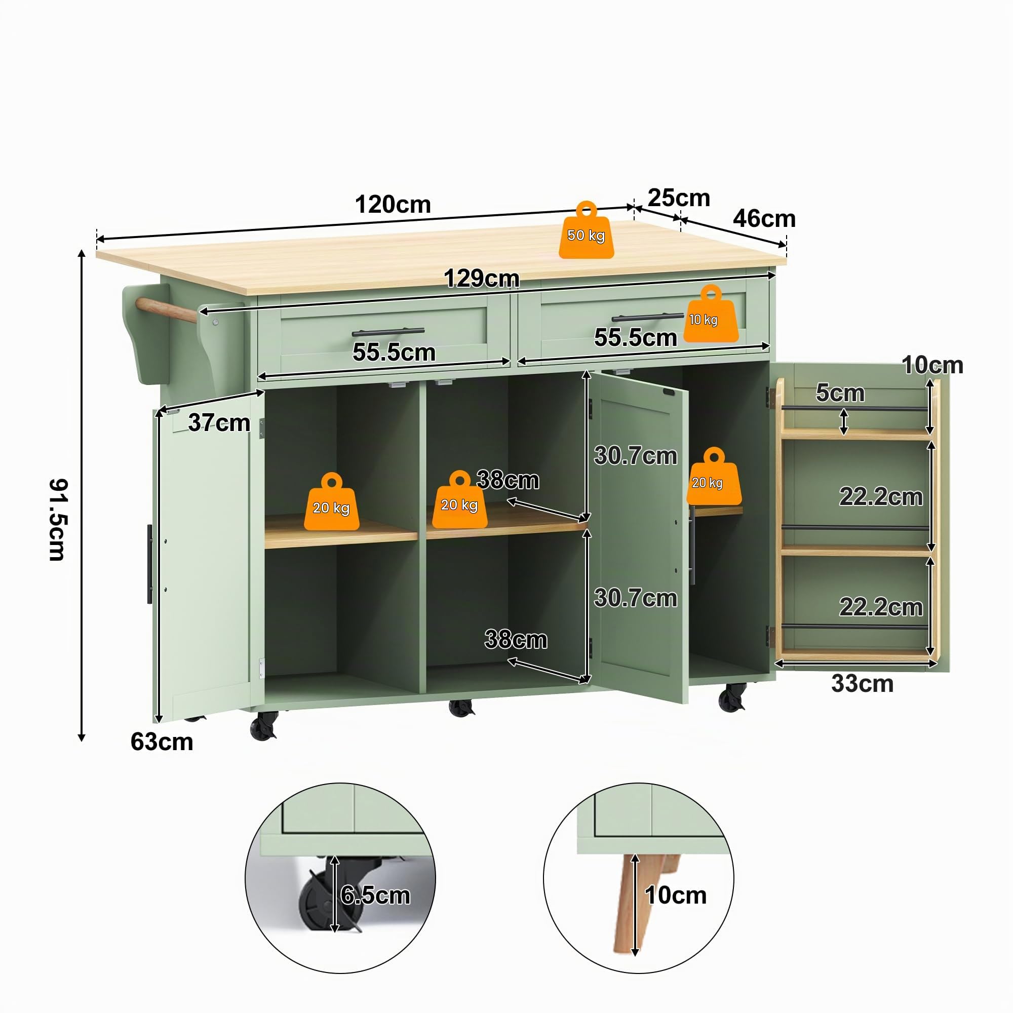 Isola da cucina autoportante con piano di lavoro pieghevole, mobile da cucina su 5 ruote, con ripiano e 2 cassetti, per cucina e sala da pranzo, 129 x 46 (71) x 91,5 cm