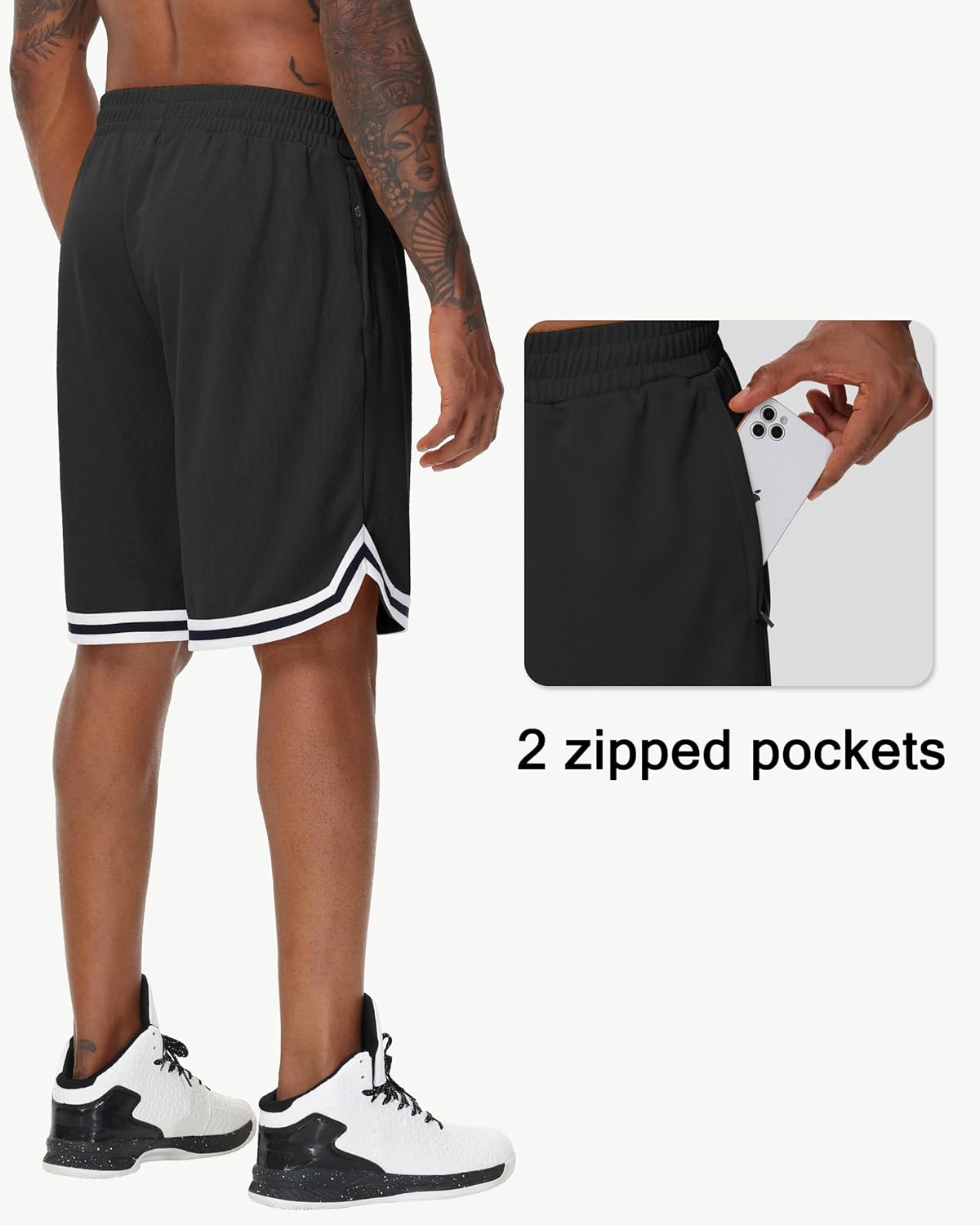 JWM Men's 9" Long Basketball Shorts - Below Knee Mesh Athletic Gym Workout Sport with Zip Pockets Quick Dry Lightweight Black - Image 2