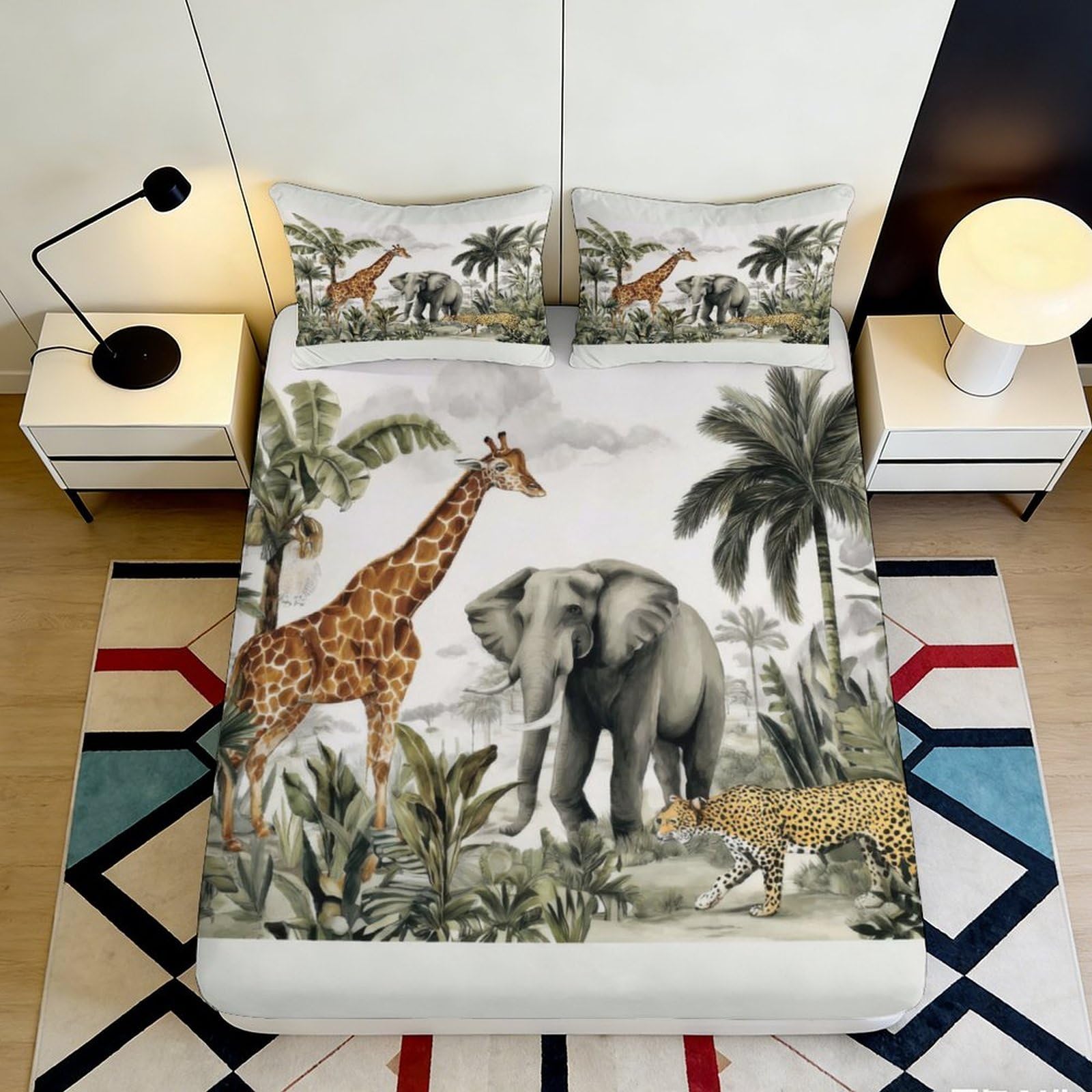 3D Printed Safari Wildlife Fitted Sheet Microfiber Soft Animal Jungle Mattress Cover for Bedroom Guest Room Decor 90x200x25cm