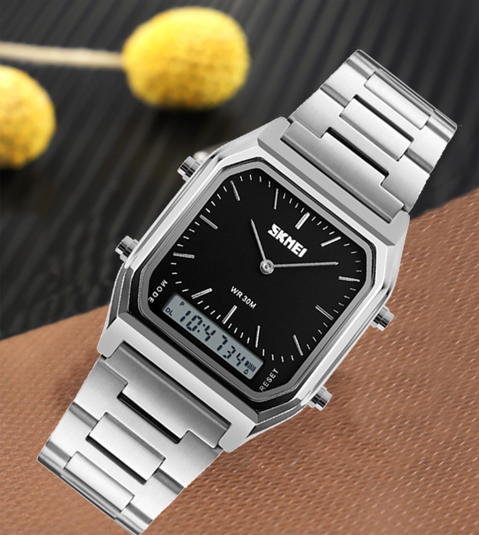 Gosasa Montre de sport analogique multifonction carrée avec double affichage et bracelet en acier inoxydable pour homme et femme