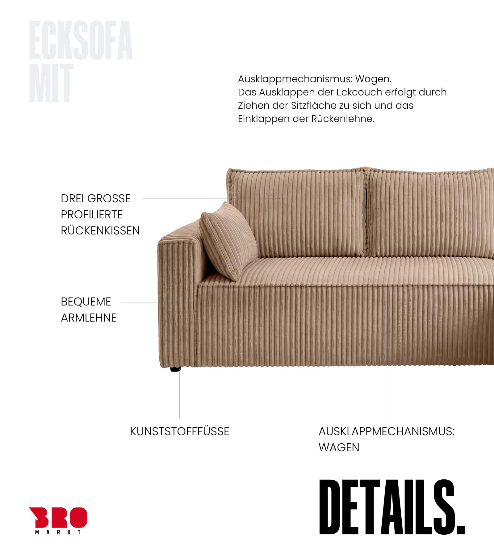BROMARKT Sofa mit Schlaffunktion L Form Ecksofa mit Bettkasten Hellbraun | Couch Eckcouch Schlafcouch Schlafsofa Sofabett Eckschlafsofa 235x133x85 cm 3 Sitzer Wohnlandschaft Cordstoff PILO