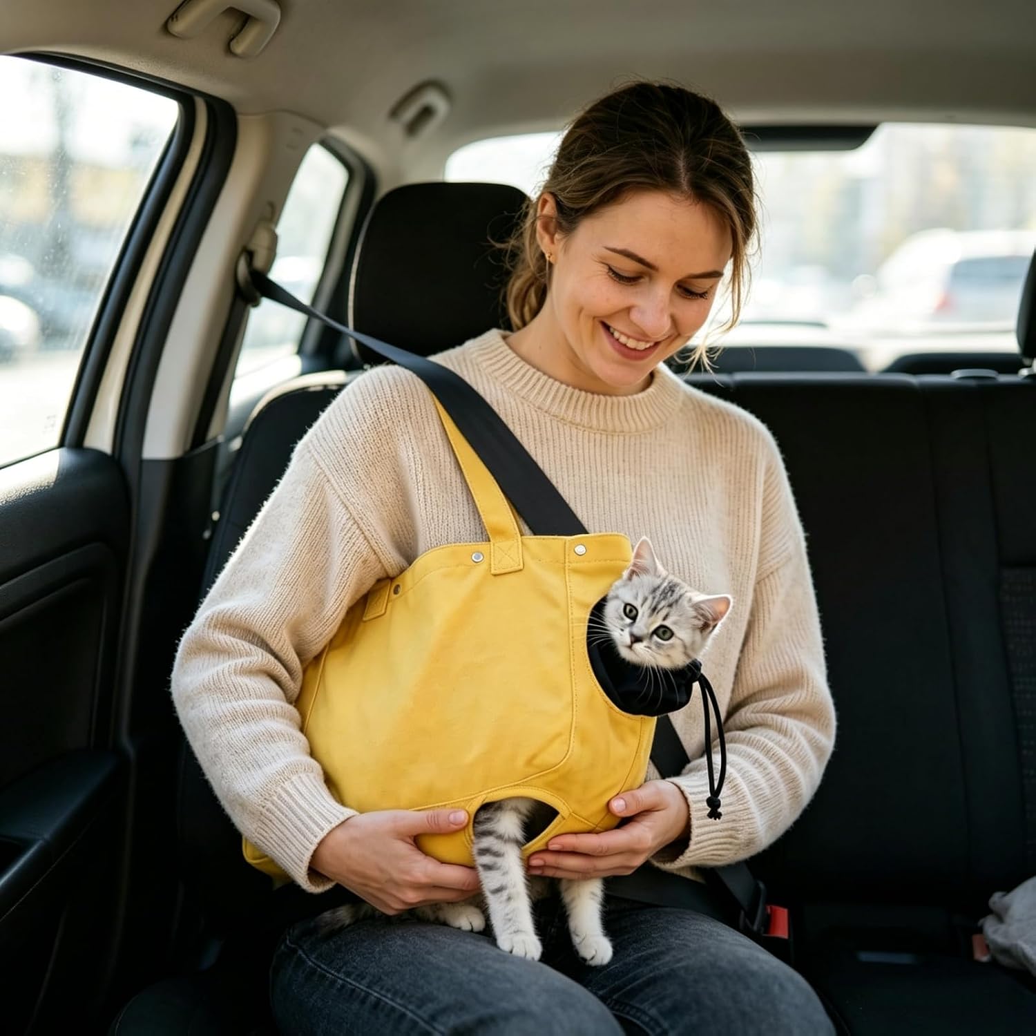 Cat Carrier Bag, Soft Pet Canvas Shoulder Carrying Pouch Hand Free Kitten Backpack with Holes for 5-11 lbs Small Dogs, Cats, and Pets Outdoor Travel, Yellow