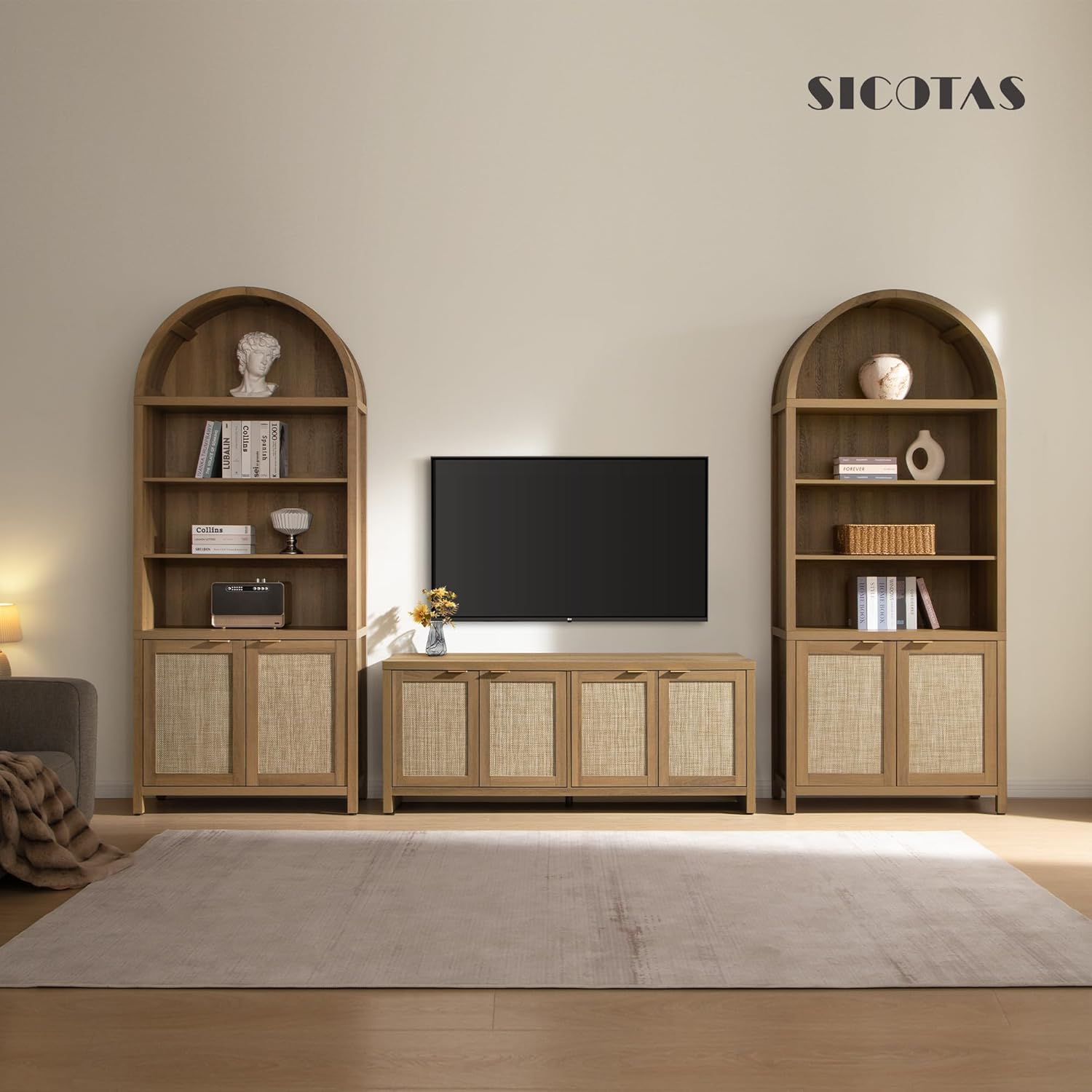 SICOTAS Book Shelf Arched Cabinet Bookshelf Arch 84.2" Tall Bookcase 5 Tier Large Bookshelves with Doors Storage Rattan Boho Wide Book Shelves Case for Living Room Kitchen Office Bedroom Library Reclaimed Caramel Oak 1 Piece