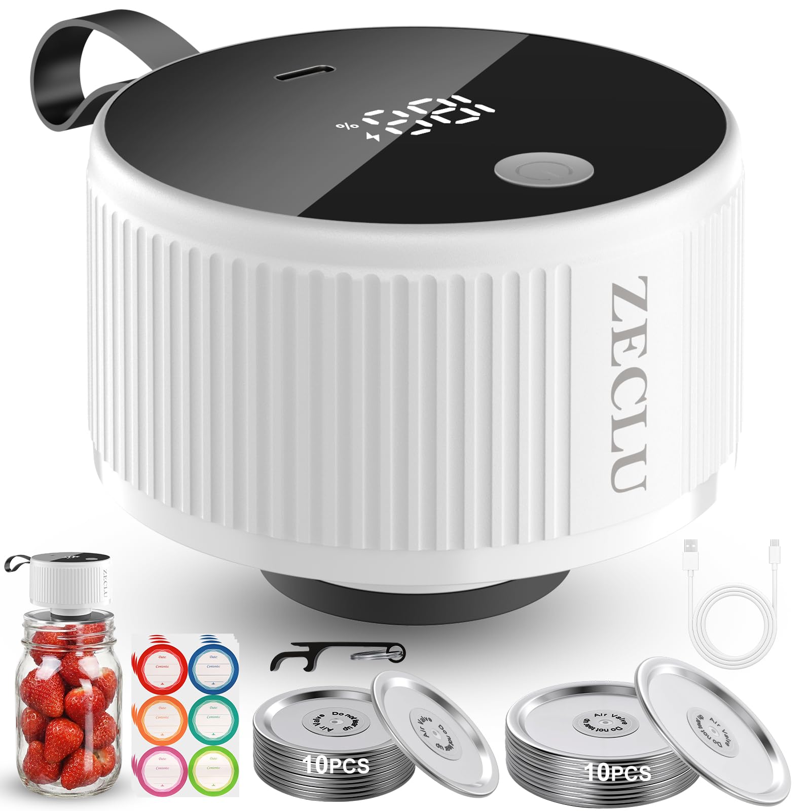 Electric Mason Jar Vacuum Sealer Kit, Automatic Jar Sealer for Wide and Regular Mouth Mason Jars, Portable Cordless Vacuum Sealer for Canning and Food Storage, Includes 20 Lids, 24 Labels, Black — view 10