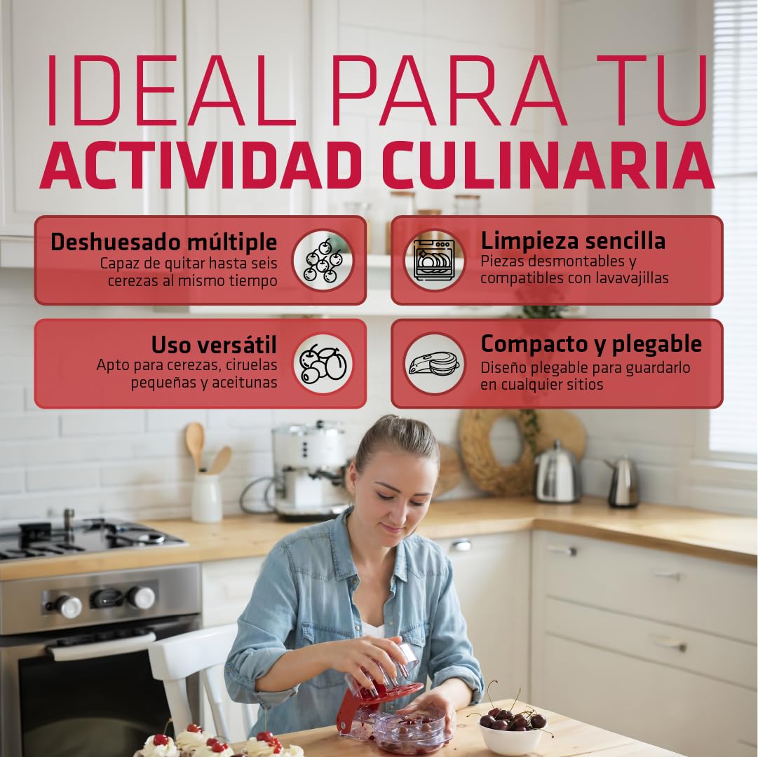 Deshuesador de Cerezas Multifunción de Acero Inoxidable y Plástico sin BPA con Capacidad para 6 Frutas - Accesorio de Cocina Práctico y Duradero - Utensilio Manual para Cocina | 3-Stars