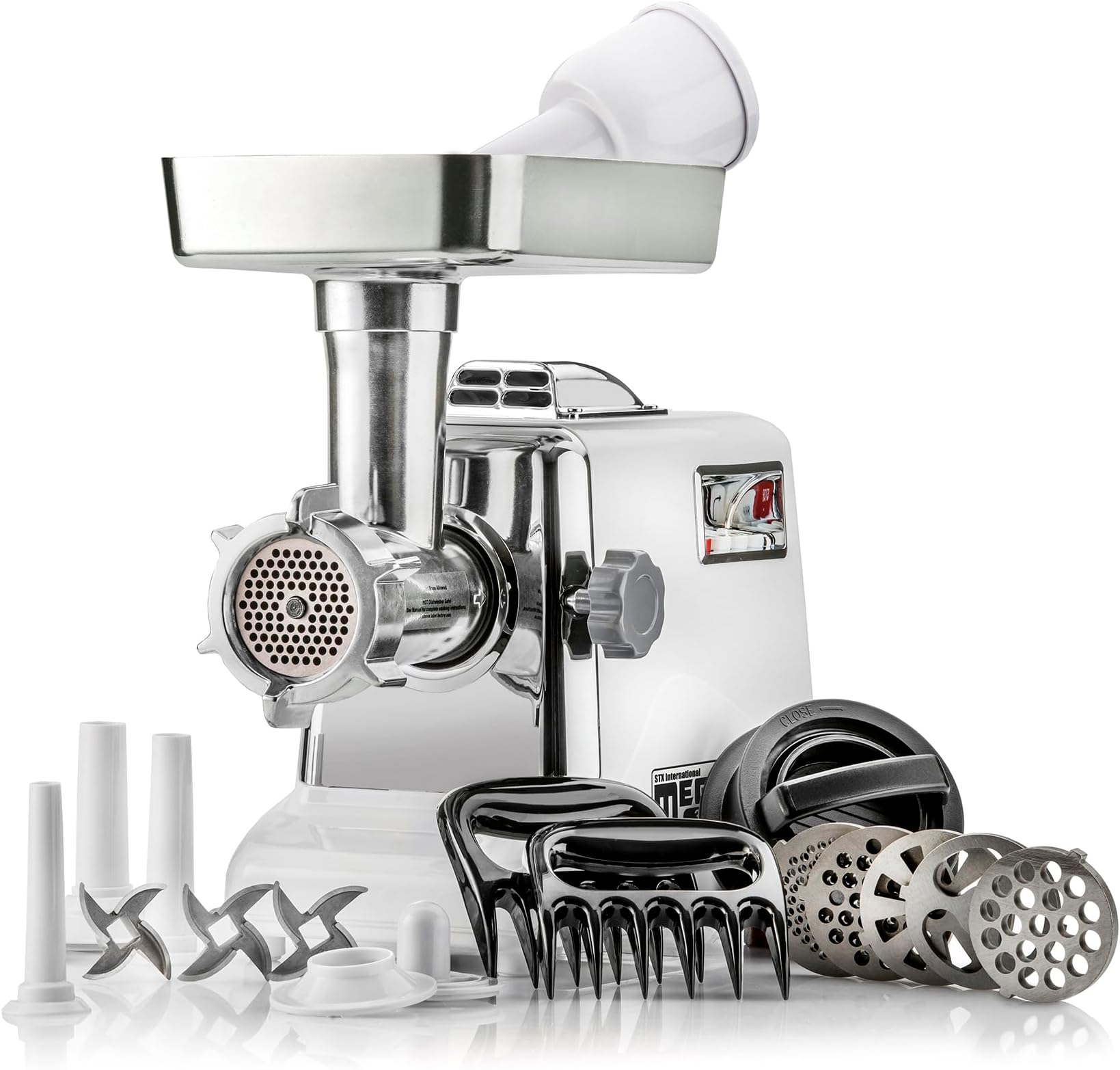 STX International Megaforce 3000 Series 5-in-1 Electric Meat Grinder | 3000W Max | Air Cooled | 3-Speed | Size #12 | 5 Grinding Plates | Stainless Steel Blades | Sausage Stuffer | Kubbe Maker & More
