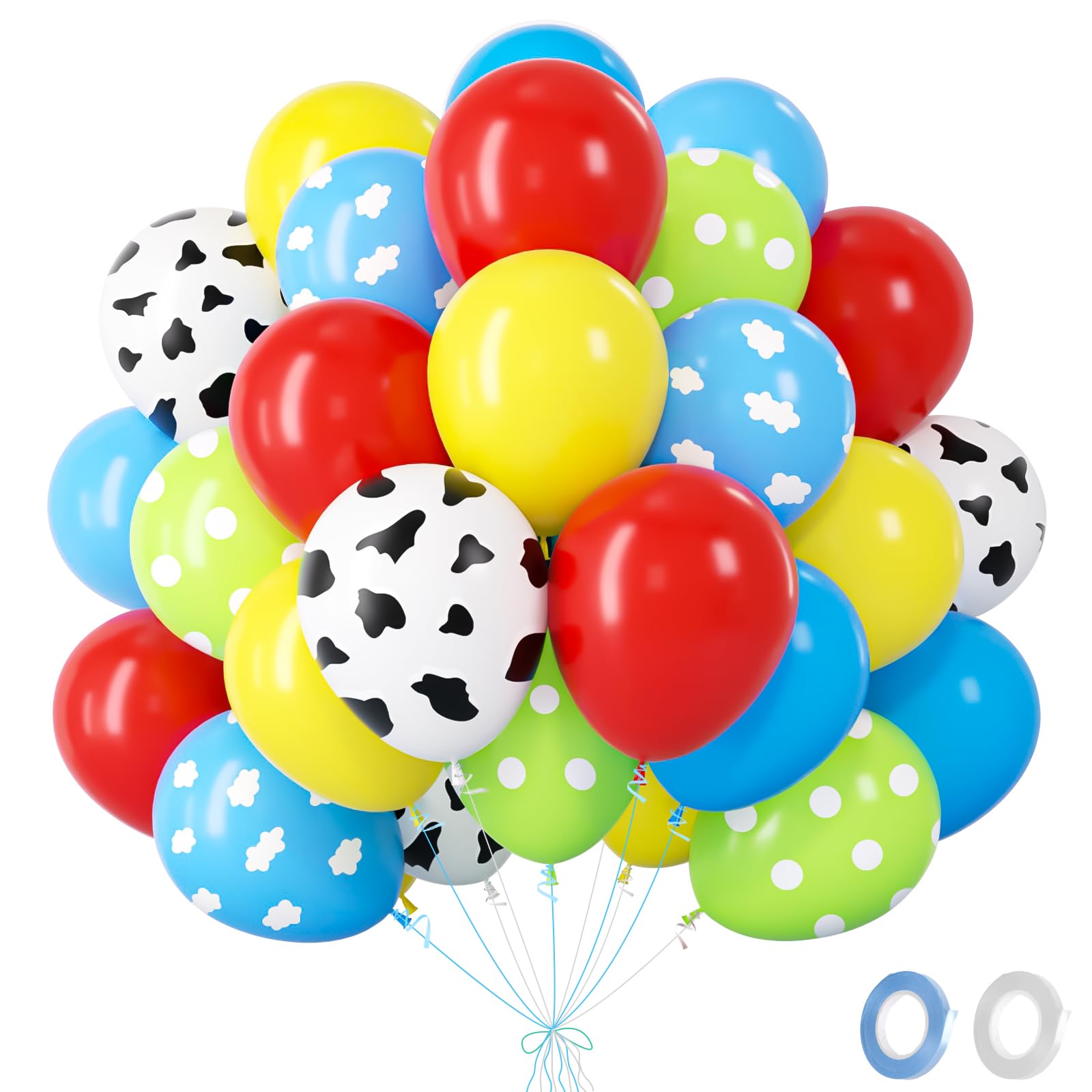 Red Yellow Blue Balloons - 60pcs Toy Inspired Cartoon story Balloons With Cloud Cow Print Yellow Red Sky Blue Balloon For Kids Boys Robot Farm Themed Birthday Decorations Baby Shower Circus Party