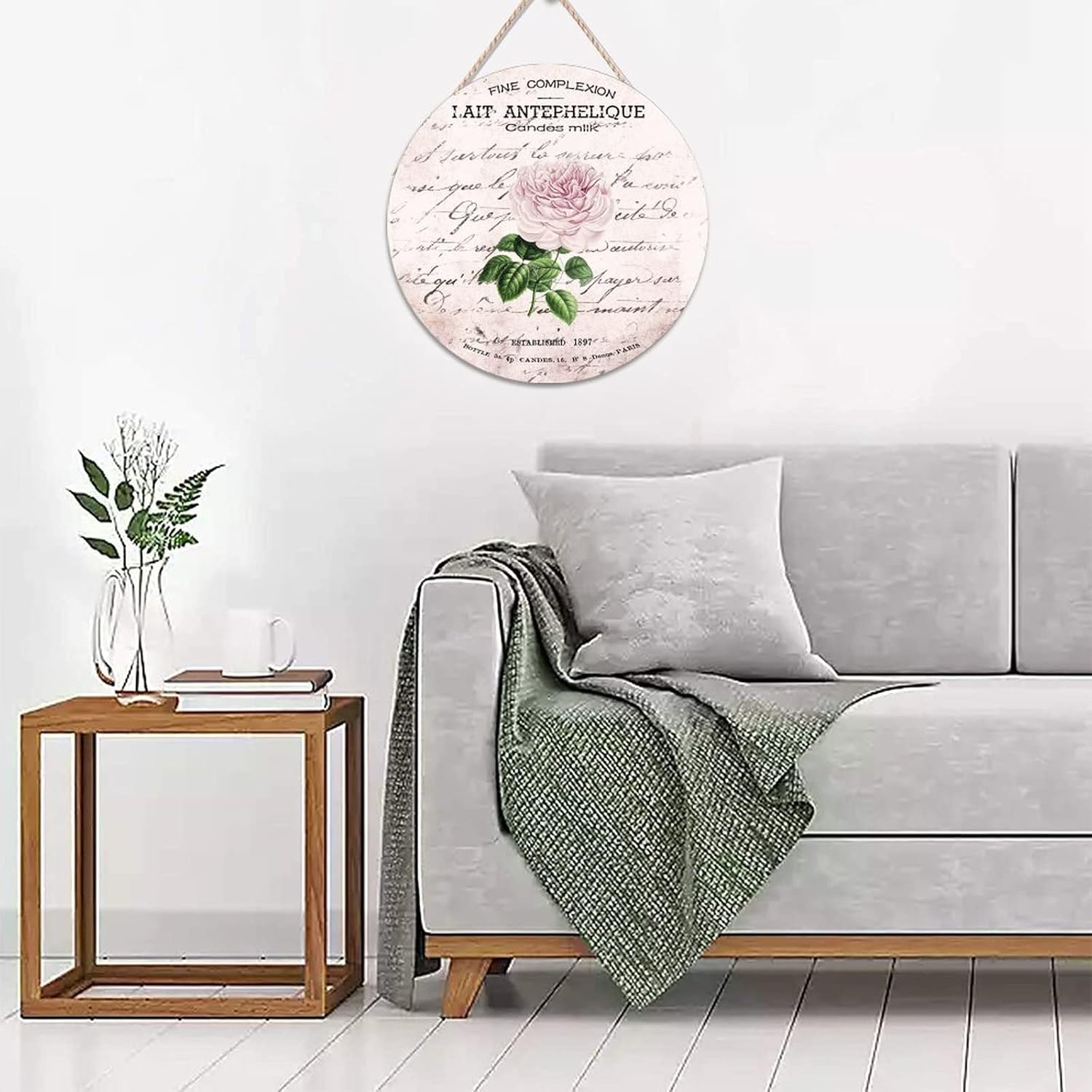 Flower Wall Hanging Sign Plaque, French Vintage Flower Wood Door Sign, Vintage 16x16in Front Door Round Wood Sign for Front Door Farmhouse Porch Housewarming Gifts