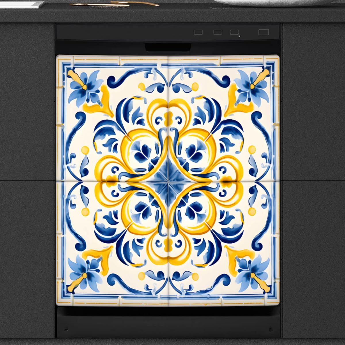 Dishwasher Magnet Cover Antique Tile Floral Ornament Texture Reusable Dishwasher Magnetic Cover Sticker Decorative Dish Washer Door Cover Panel for Home Kitcen Appliance