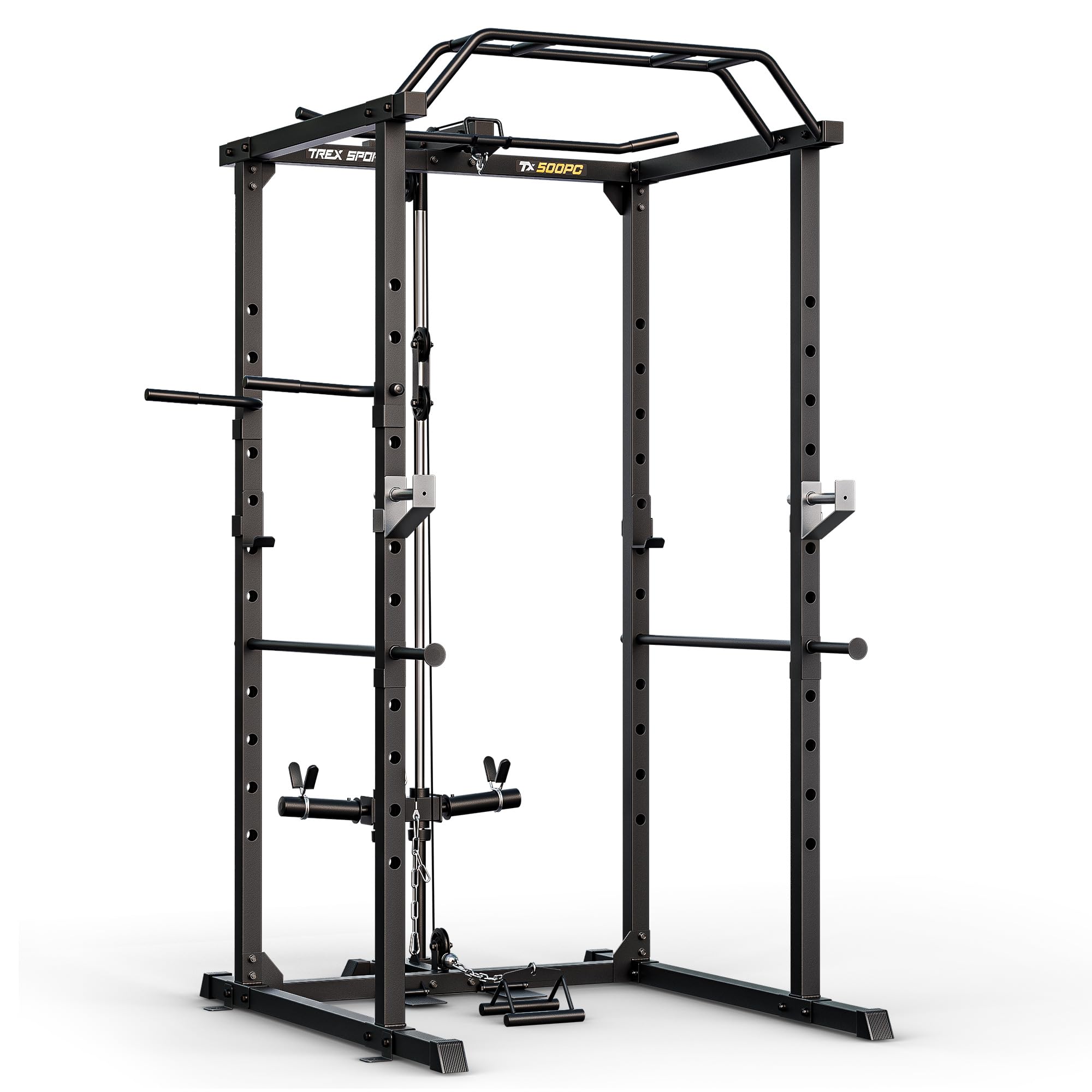 TREX SPORT Power Rack Multipresse mit Latzug Dip-Station bis 120kg TX-500PC | Powerrack mit Latzug oben/unten, Klimmzugstange, Squat Rack & Homegym mit verstellbaren Ablagen, Power Cage