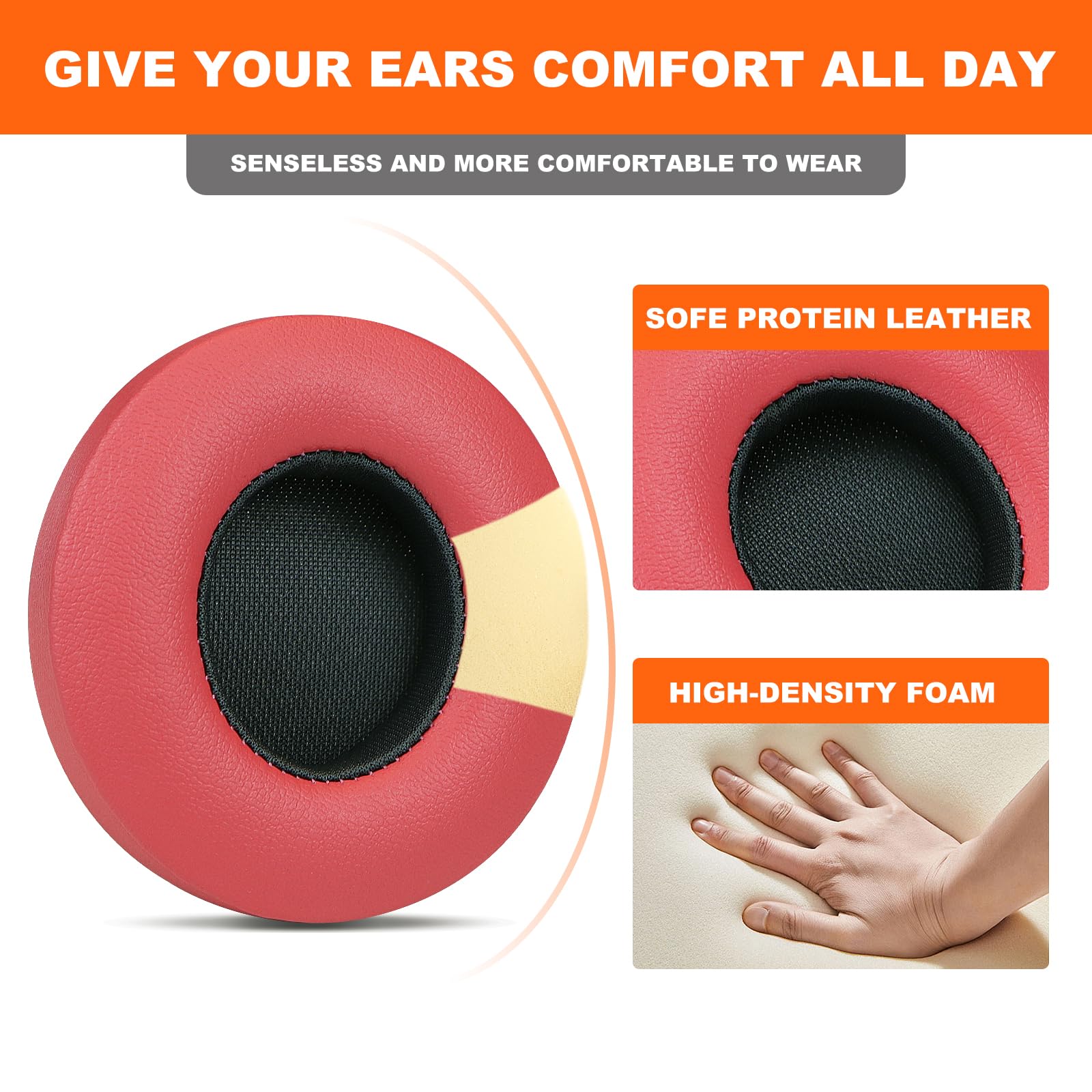 SINOWO Earpads Replacement for Beats Solo 2 & Solo 3 Wireless On-Ear Headphones,Solo2 Solo3 Ear Pads Cushions with Noise Isolation Memory Foam,Soft Protein Leather(Psychedelic Red) - Image 2