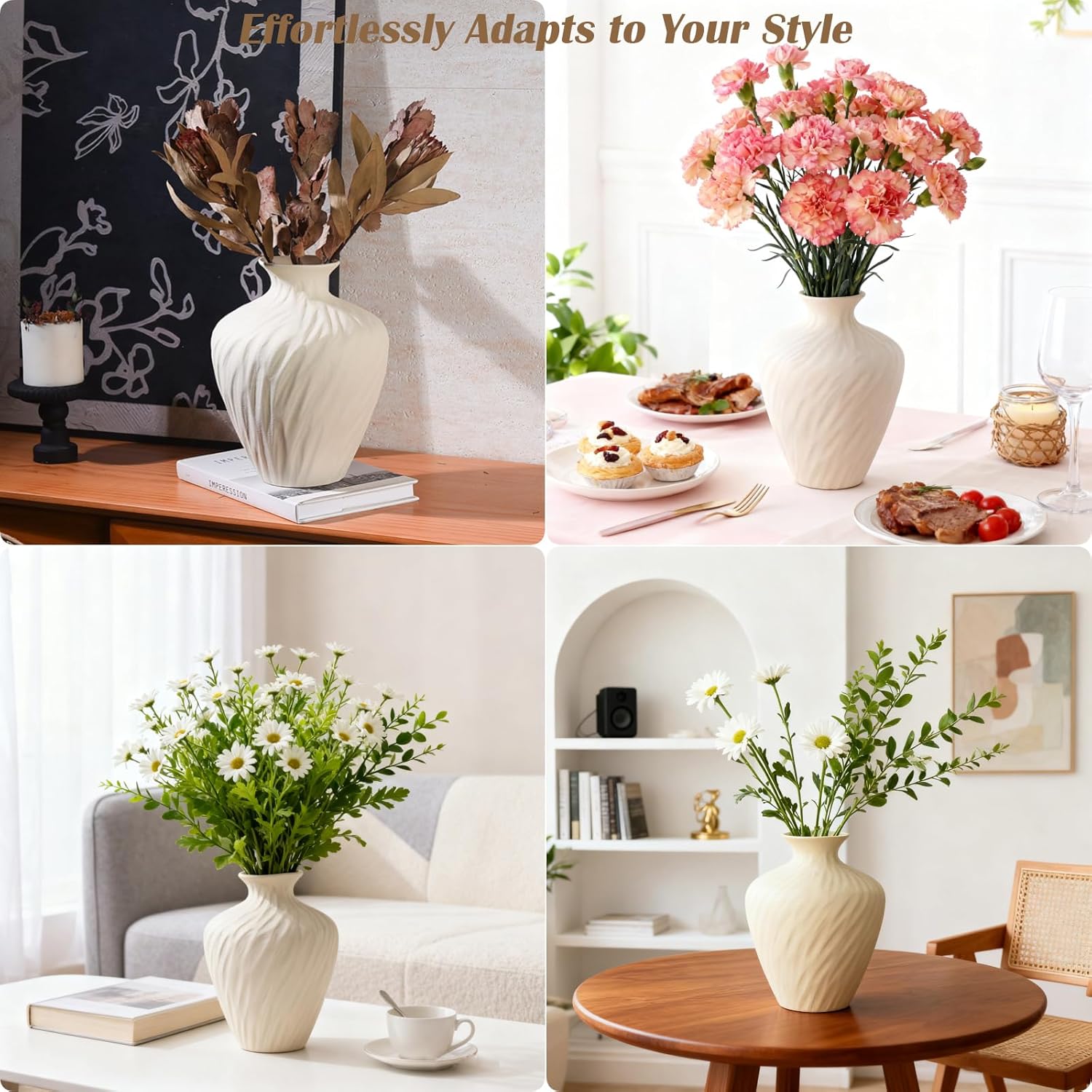 Ceramic Vase - 9.84 Inch Beige Flower Vase for Home Decor, Boho Farmhouse Minimalist Modern & Wabi Sabi Centerpiece with Textured Wave Pattern for for Living Room, Ideal Gift for Housewarming