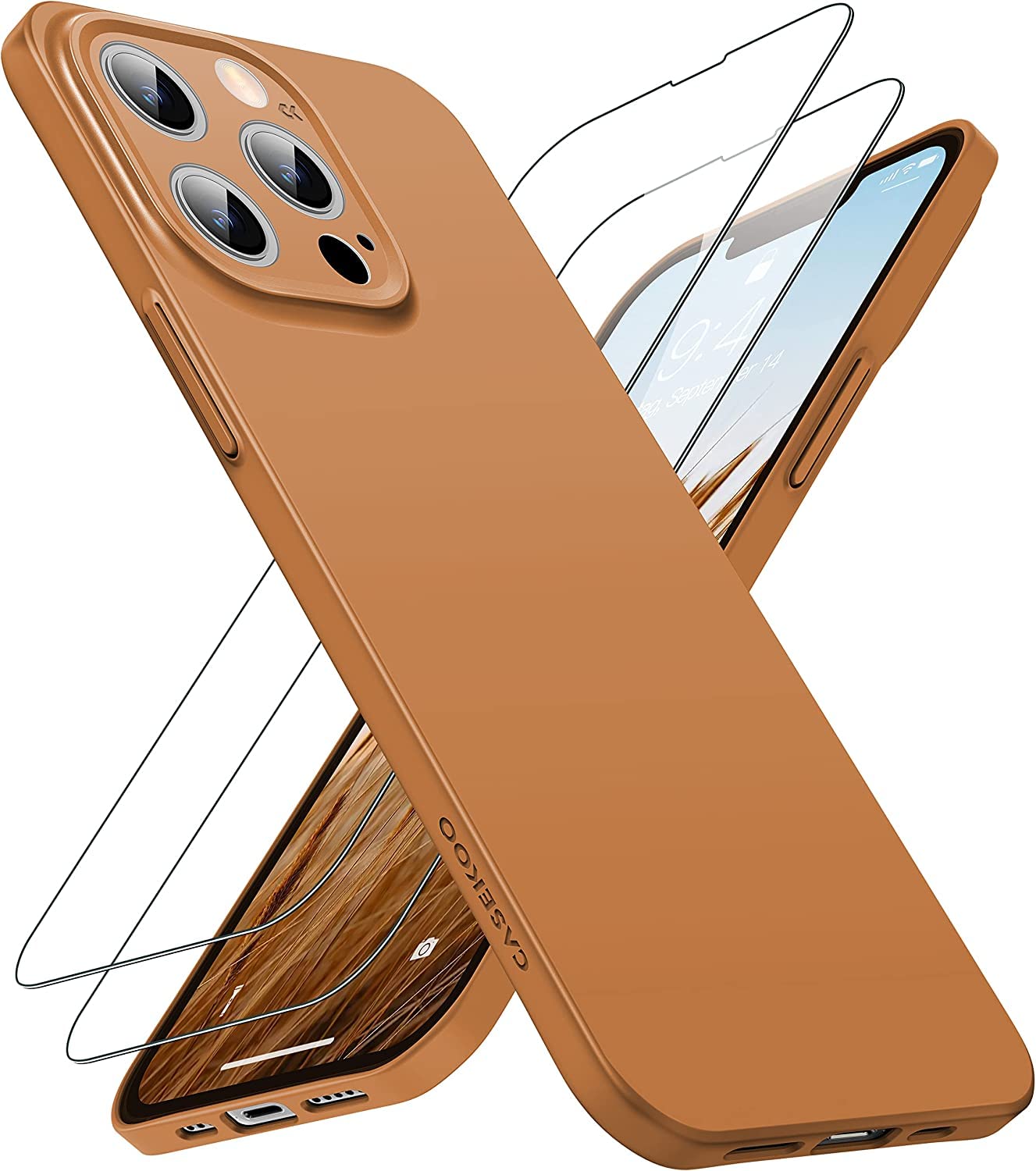 CASEKOO for iPhone 13 Pro Case with Screen Protector [4 in 1][Full Body Protection] Ultra Slim Protective Military Grade Drop Test Shockproof Phone Case 6.1 Inch 2021,Brown