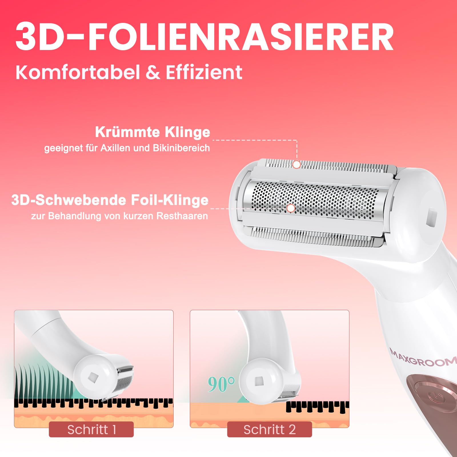 MAXGROOM Intimrasierer für Frauen,4-in-1 Elektrischer Körperrasierer Damen,Nass-Trocken Bikini Trimmer,Körperhaartrimmer für Augenbrauen,Gesicht, Intimbereich,Akku Elektrorasierer mit LED (Mehrfarbig)
