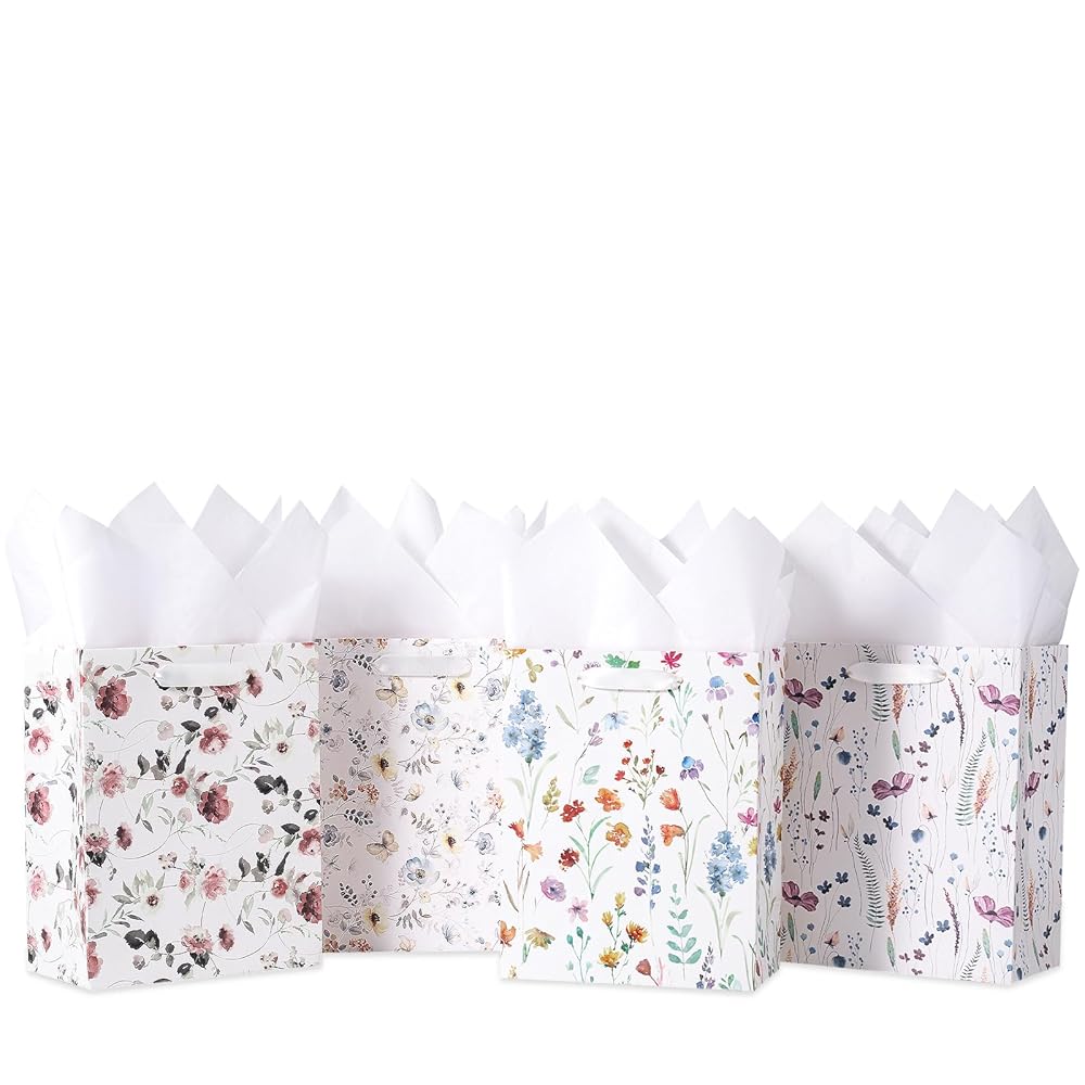 Loveinside Medium Size Gift Bags, Colorful Flower Pattern Gift Bag with Tissue Paper for Shopping, Parties, Wedding, Baby Shower, Craft-4 Pack, 7 X 4 X 9