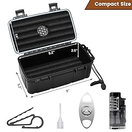 Flauno Travel Humidor - Portable Case Kit with Lighter (Without Gas), Cutter, Holder, Humidifier & Dropper, Waterproof, Crushproof, Airtight Seal (Holds up to 15 Cigars)