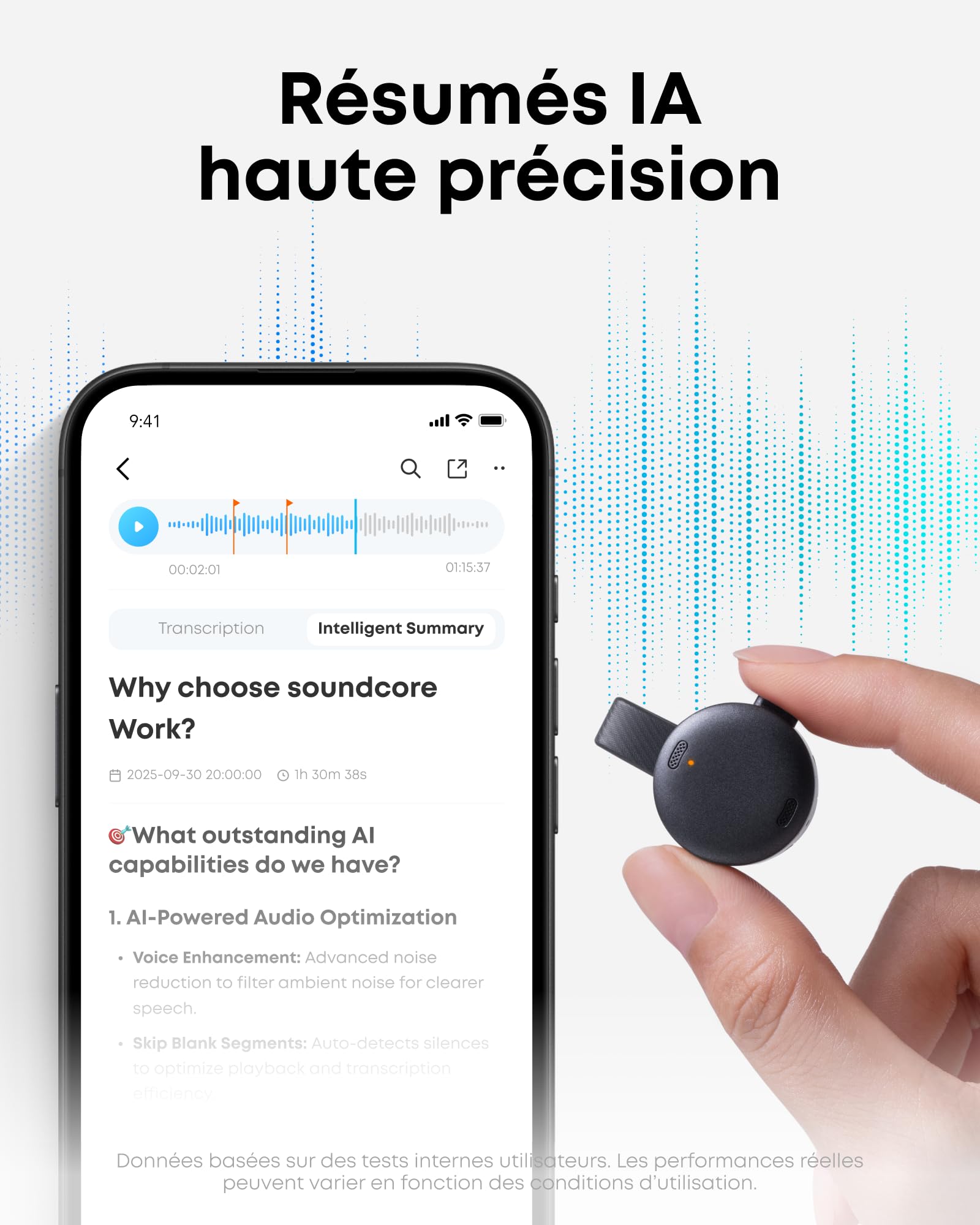 soundcore Work par Anker Enregistreur Vocal Portable IA avec Transcription et Résumés IA, Certifié MFi