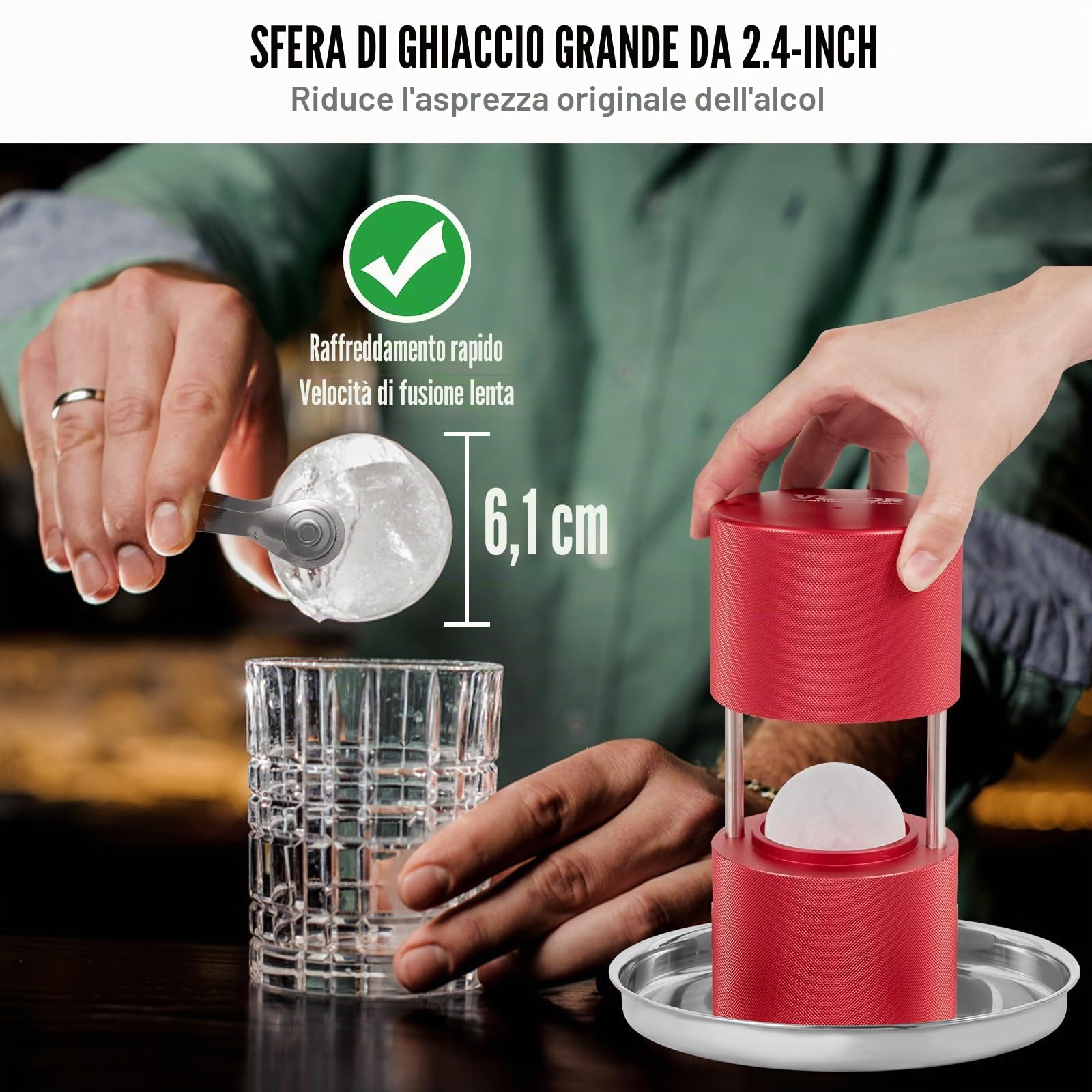 VEVOR Kit Pressa per Ghiaccio a Sfera in Alluminio Diametro 61mm, Stampo per Ghiaccio Sferico per Cocktail Whisky Cognac Bevande, Kit di Pressa per Palline di Ghiaccio da Bar in Alluminio Colore Rosso