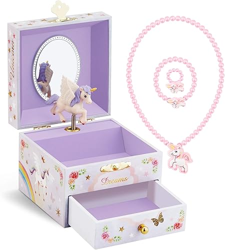 RR ROUND RICH DESIGN Joyero musical para niñas con cajón y juego de joyas con unicornio valiente - Hermosa melodía de ensueño púrpura