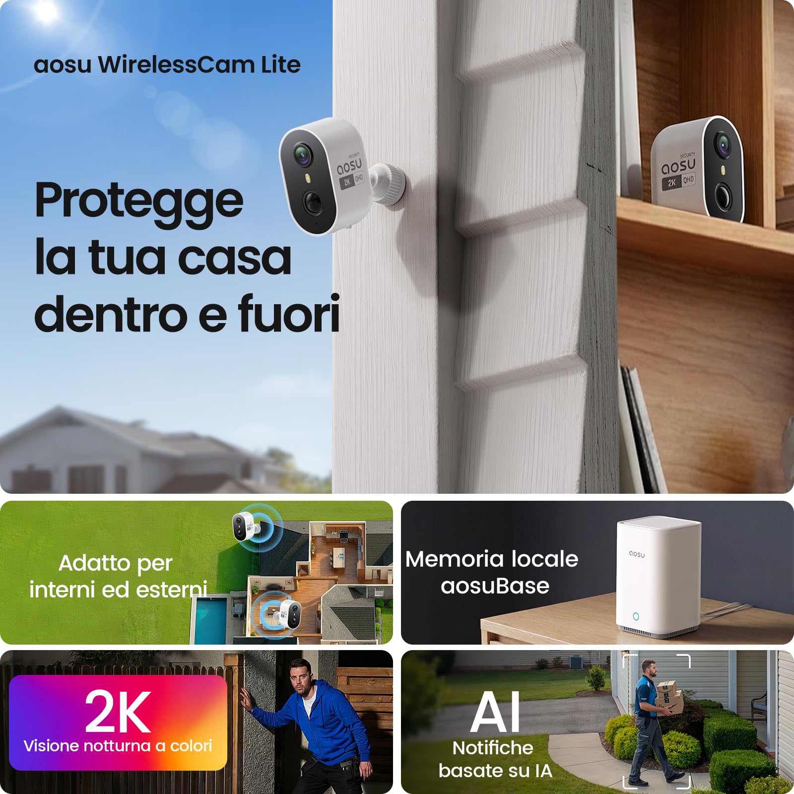 aosu Cámara de Vigilancia 2K Exterior e Interior Kit 4 Cámaras con Aosubase 2.0 Sin Suscripción 32GB Almacenamiento Local Cámara Inalámbrica Sensor PIR Alarma Luz Audio Bidireccional Visión Nocturna
