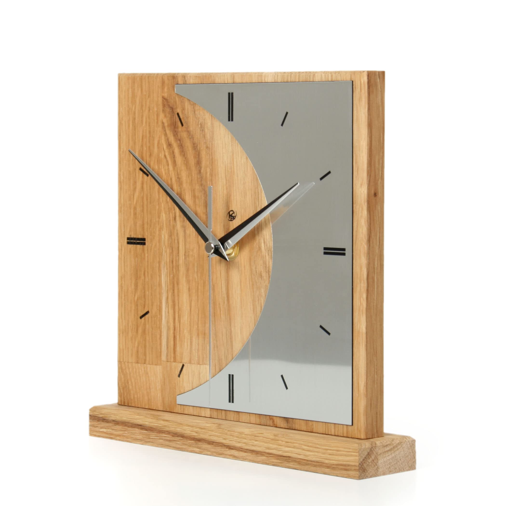 Kreative Feder Designer-STANDUHR „Silvermoon“ aus Eichenholz – analoge TISCHUHR ohne Tickgeräusche (leises Funkuhrwerk, Eiche)