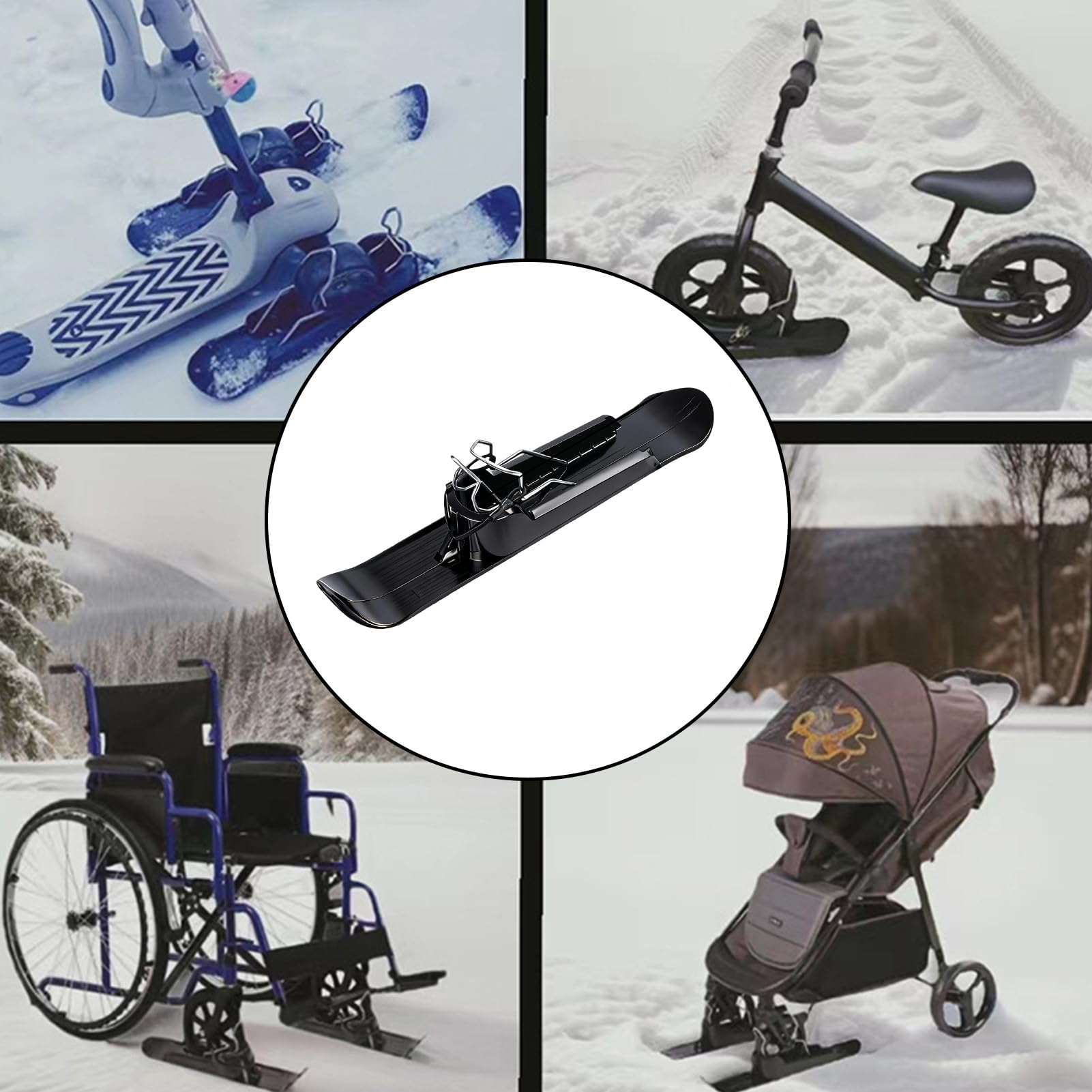 Skis de neige pour poussette, luge légère 2 en 1 avec pinces à ressort et corde élastique, ABS noir et fer, 53 x 9,5 x 7,7 cm, pour draisienne, chariot de golf, fauteuil roulant