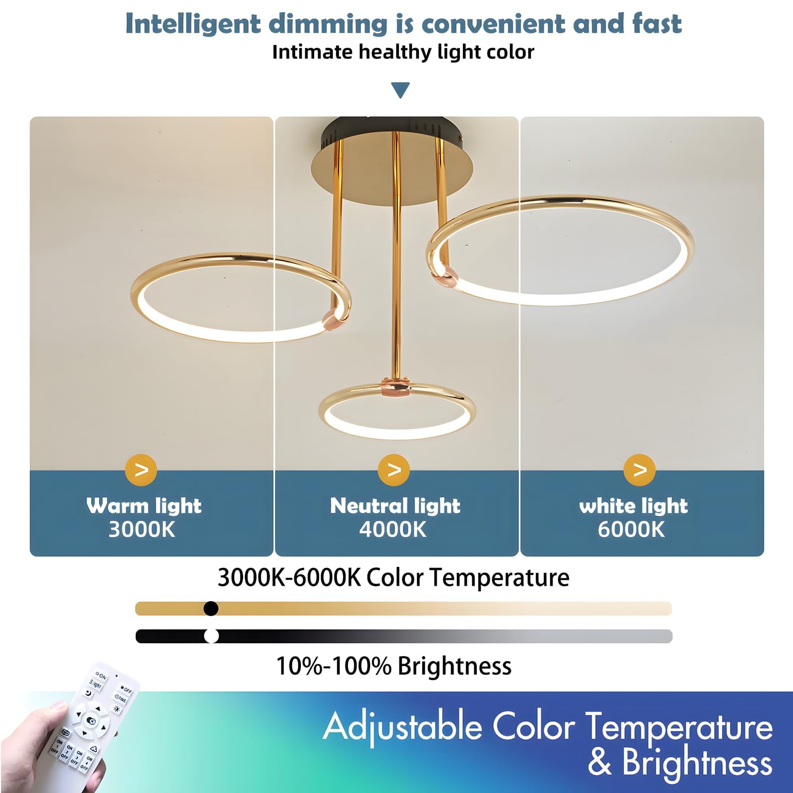 LED Deckenleuchte, Ø56cm Goldener Metallkreis Kronleuchter, 60W Stufenlos Dimmbar 3000–6000K Moderner Runder Galvanisierter Anhänger Schlafzimmer Wohnzimmer Kinder Büro Arbeitszimmer (3 Ringe)