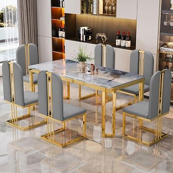 71" Dining Table Set for 6 - Luxury Kitchen Table and Chairs, Space-Saving Dining Room Set for Family Meals Or Meetings, Easy Assembly Furniture for Home Use, Gray