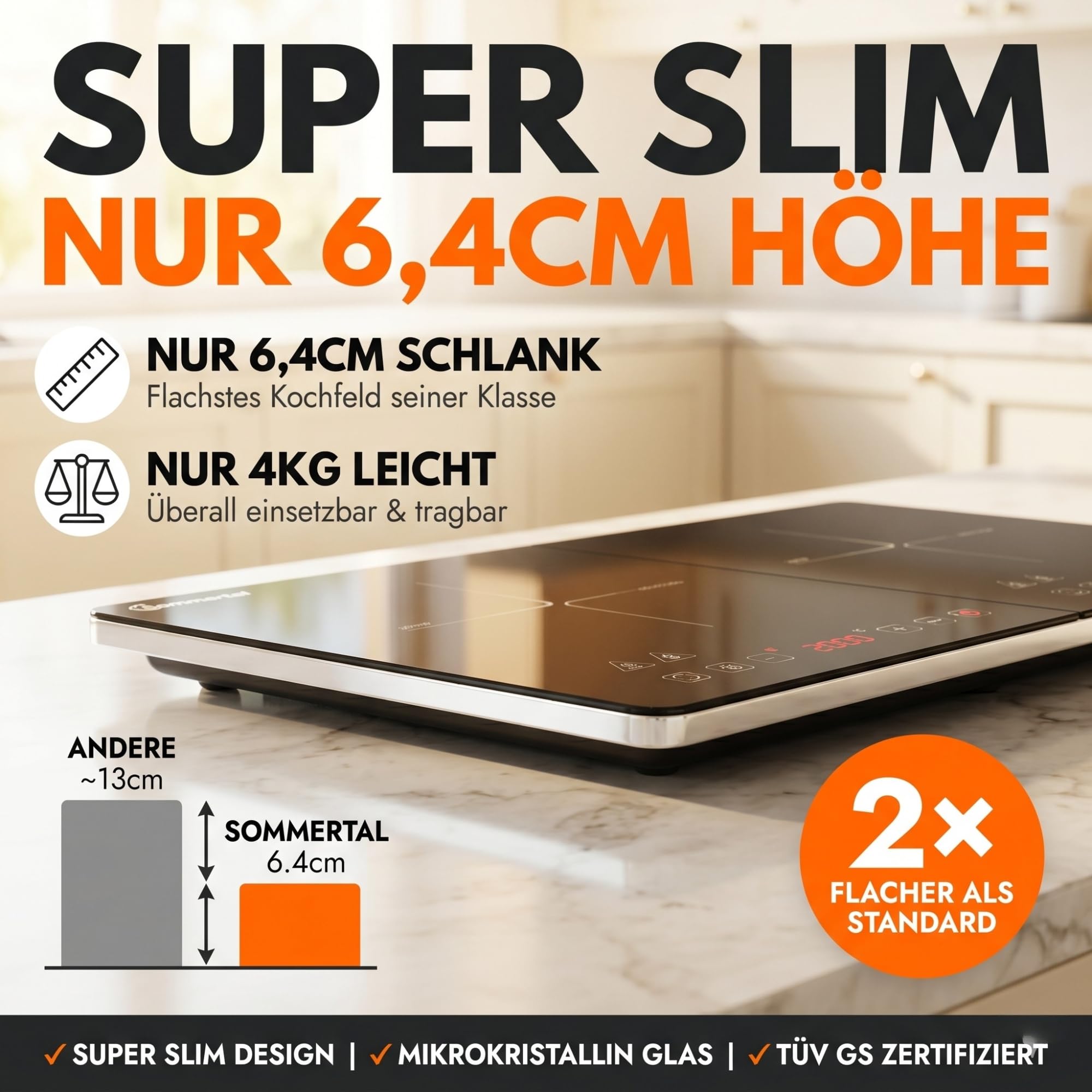 Sommertal Induktionskochfeld 2 Platten 3500W tragbar Touch-Bedienung 240°C Timer